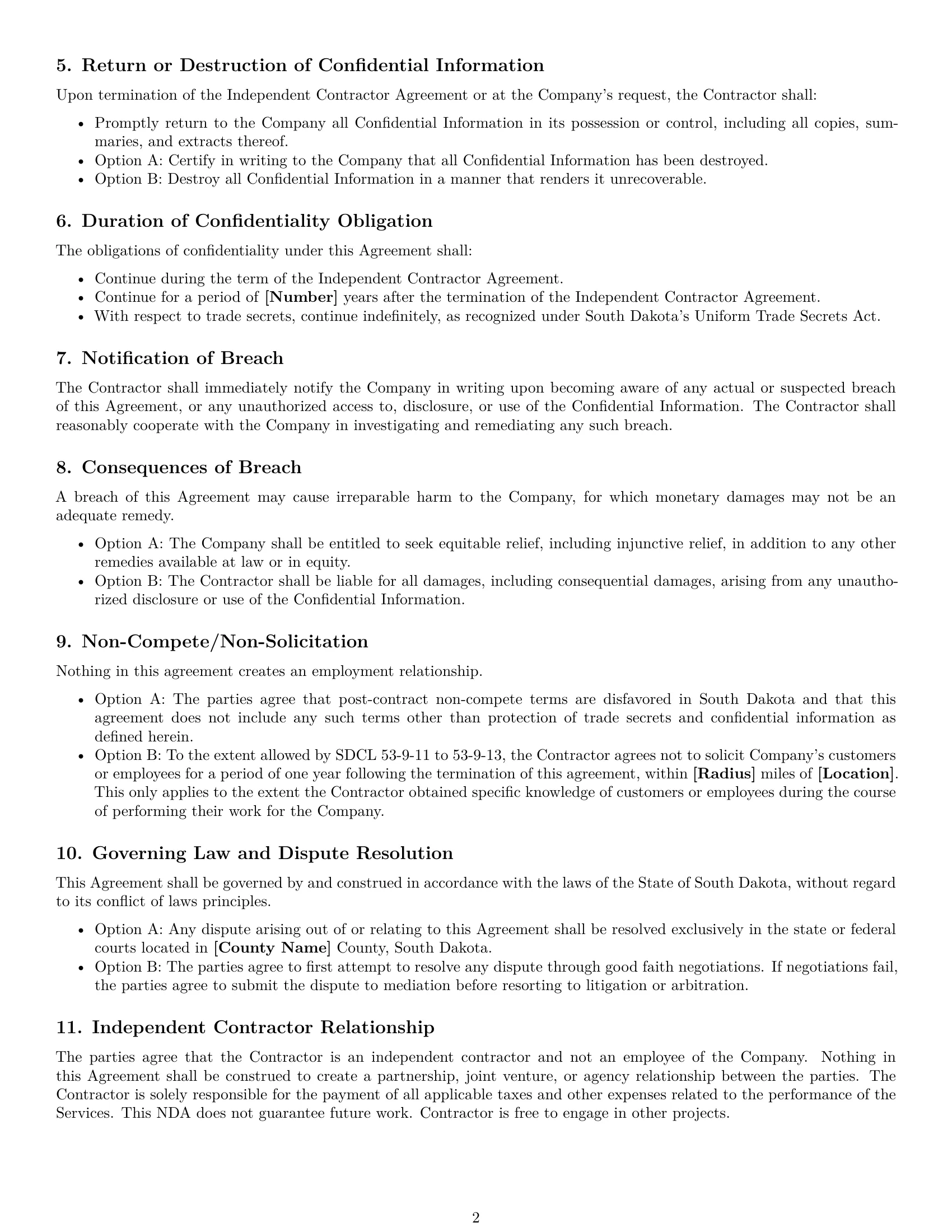 Preview page 2 of Free South Dakota independent contractor nda template