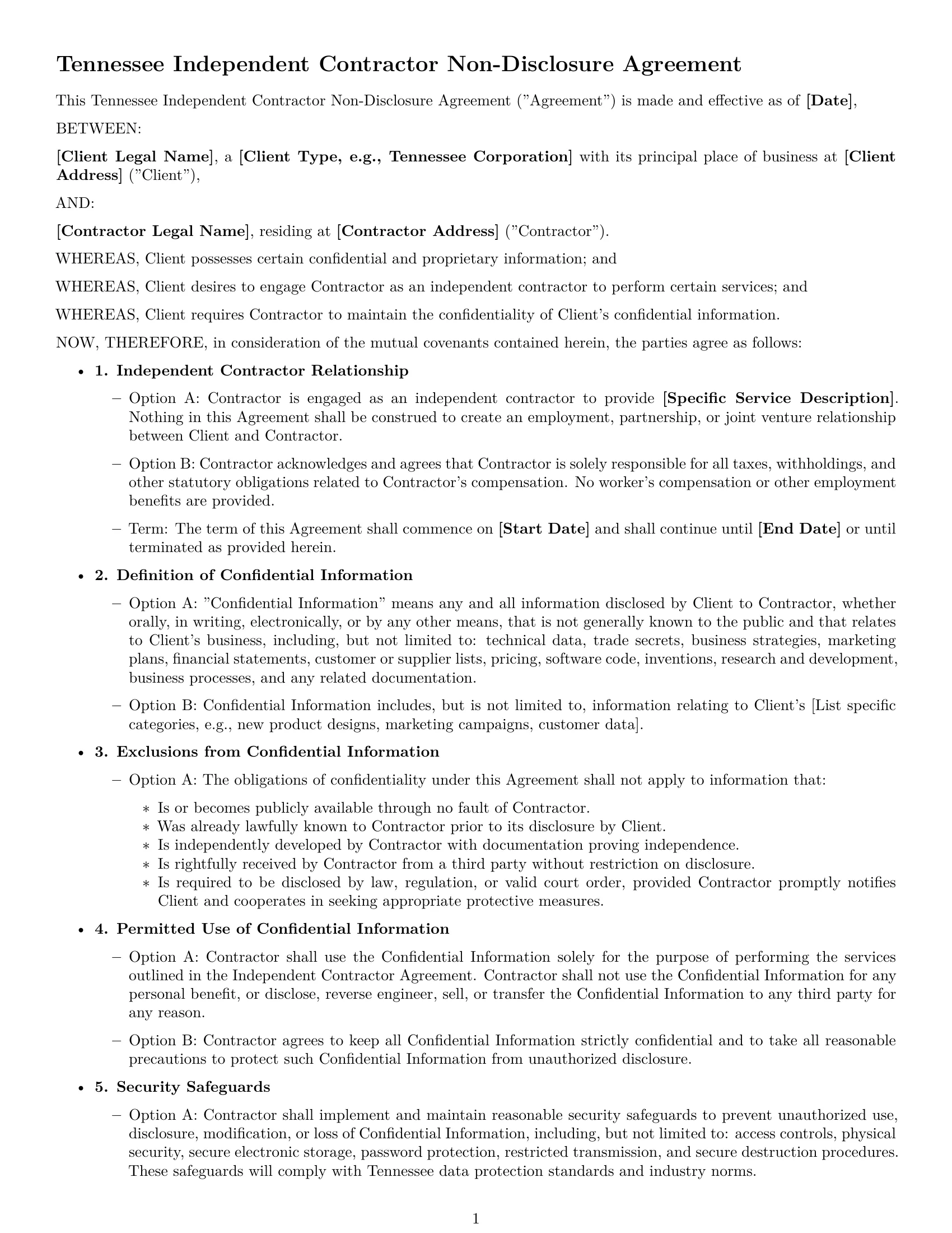 Preview page 1 of Free Tennessee independent contractor nda template
