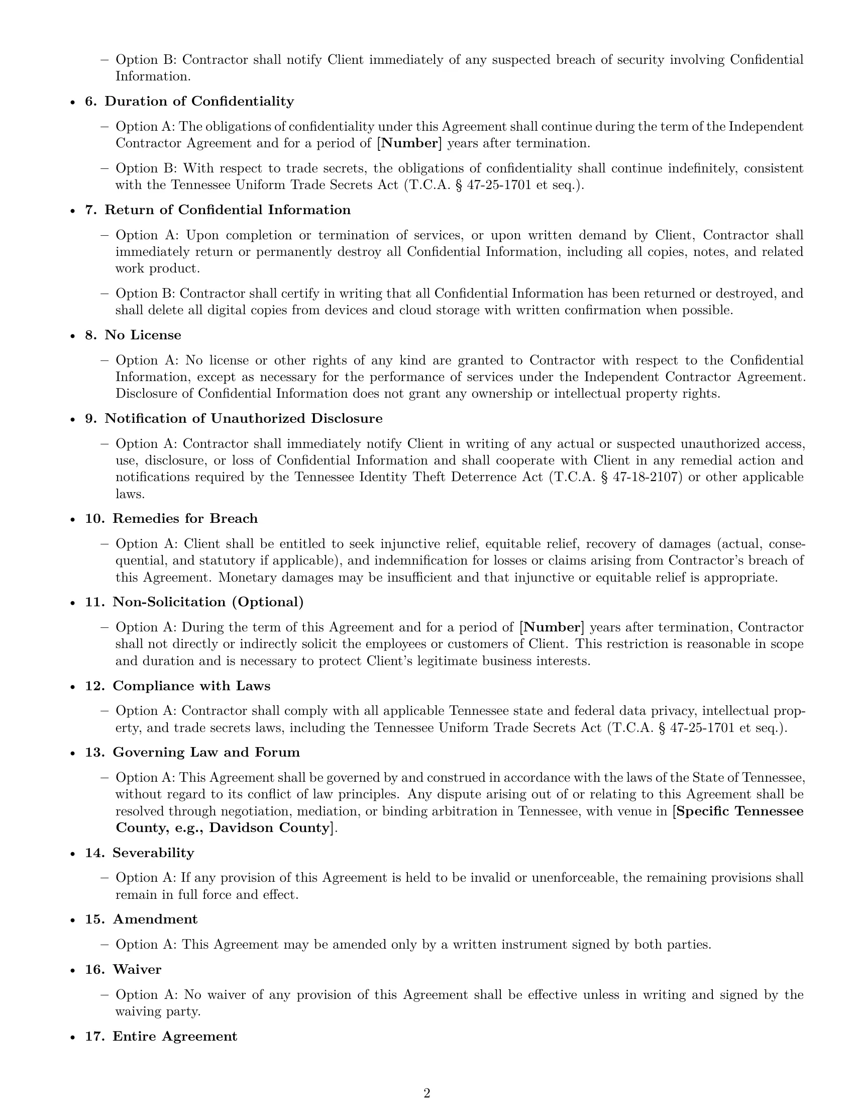 Preview page 2 of Free Tennessee independent contractor nda template
