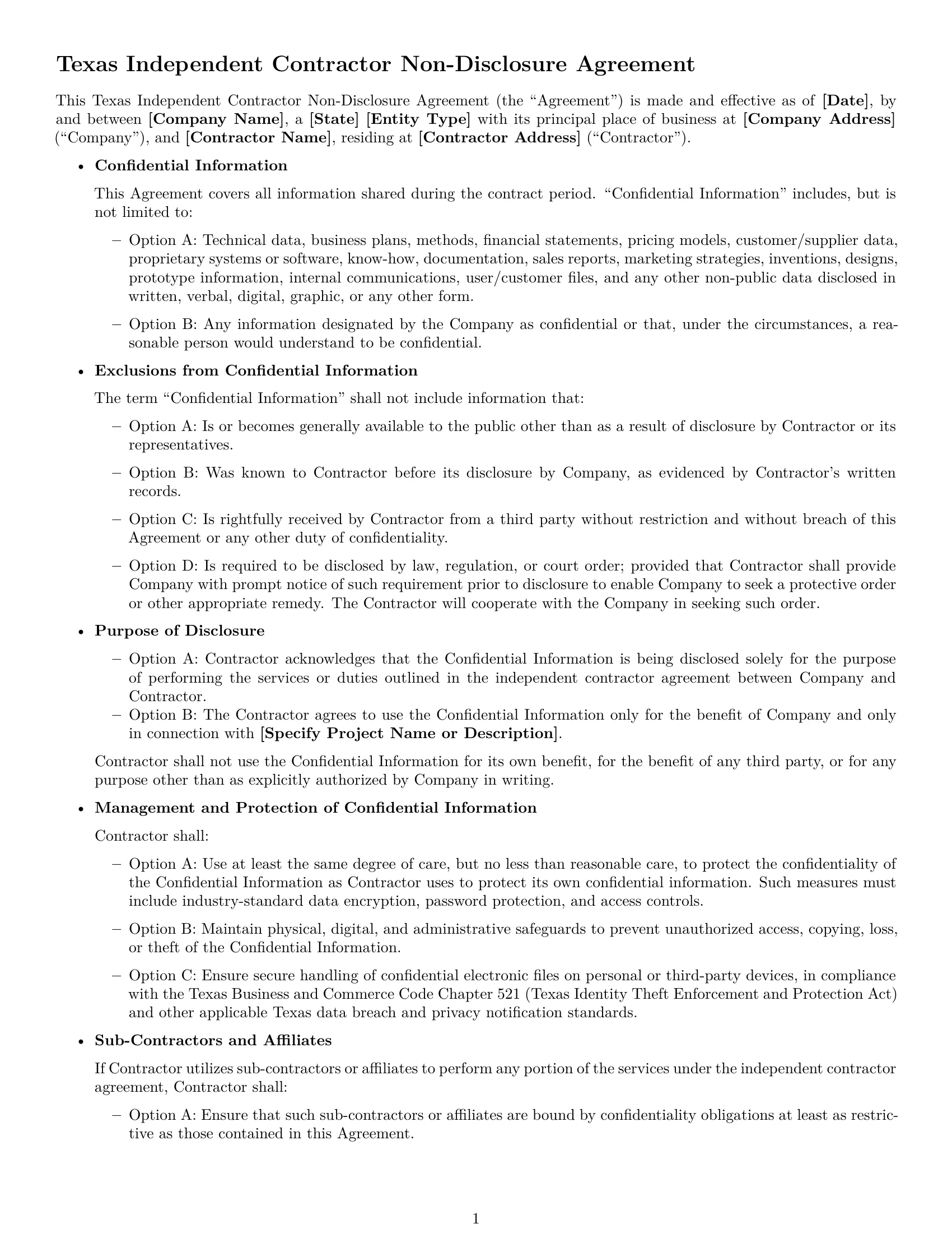 Preview page 1 of Free Texas independent contractor nda template