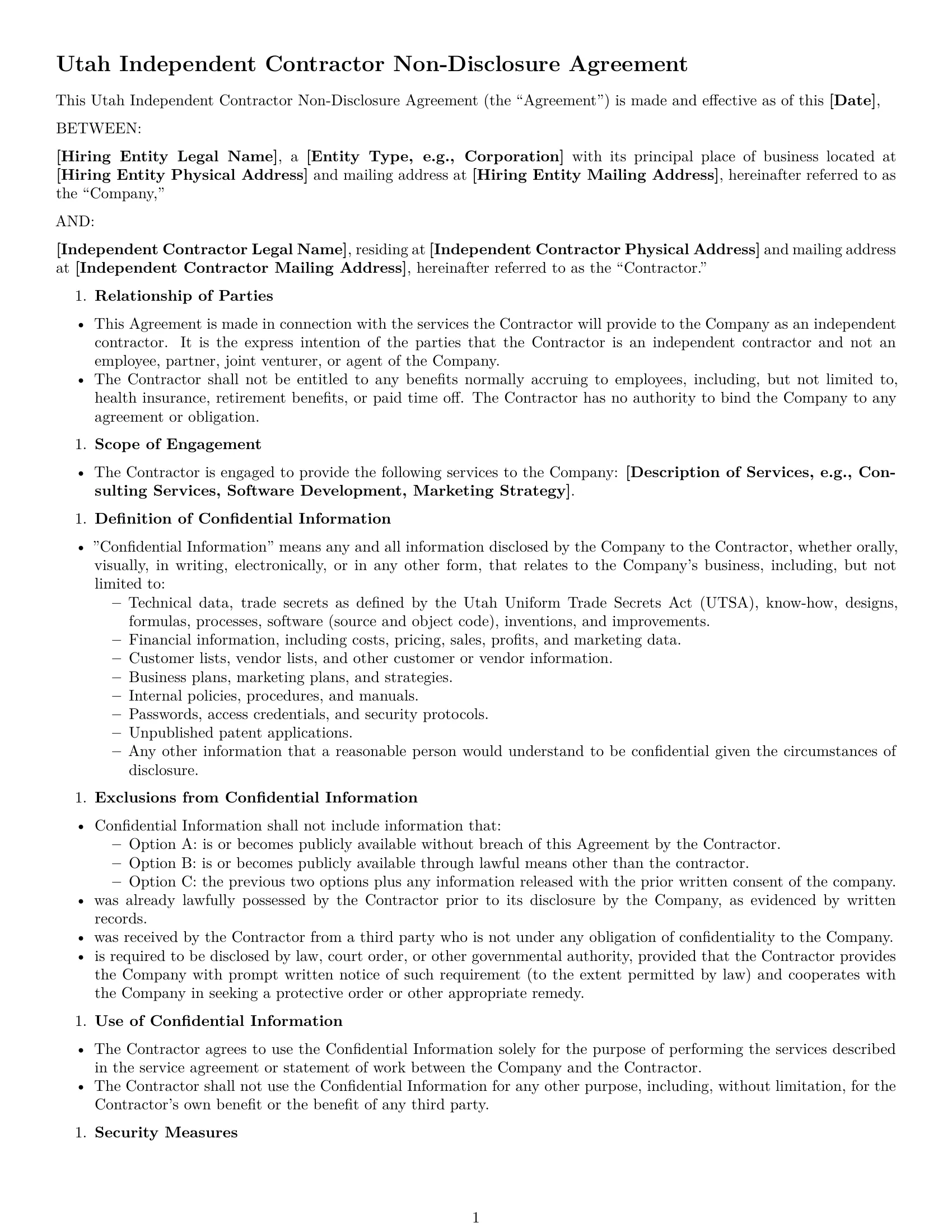 Preview page 1 of Free Utah independent contractor nda template