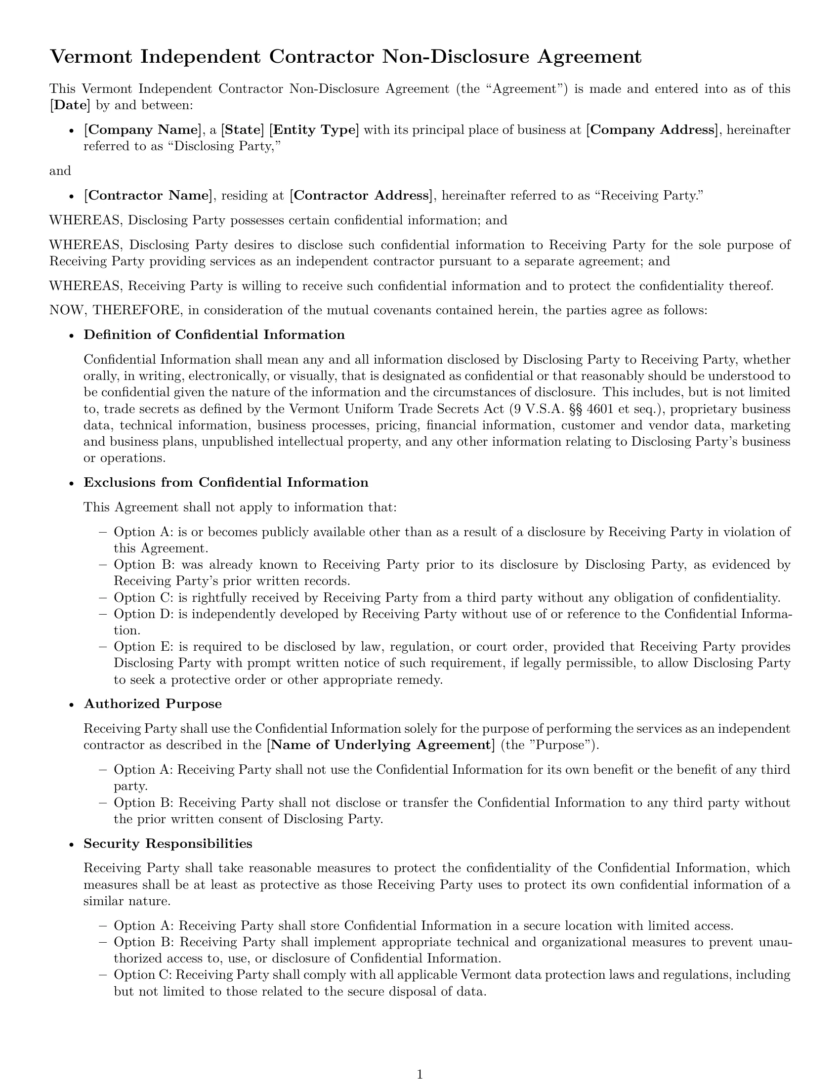 Preview page 1 of Free Vermont independent contractor nda template