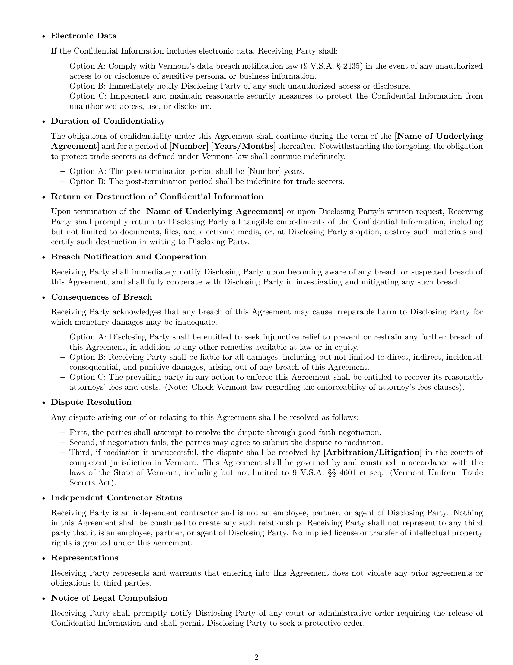 Preview page 2 of Free Vermont independent contractor nda template