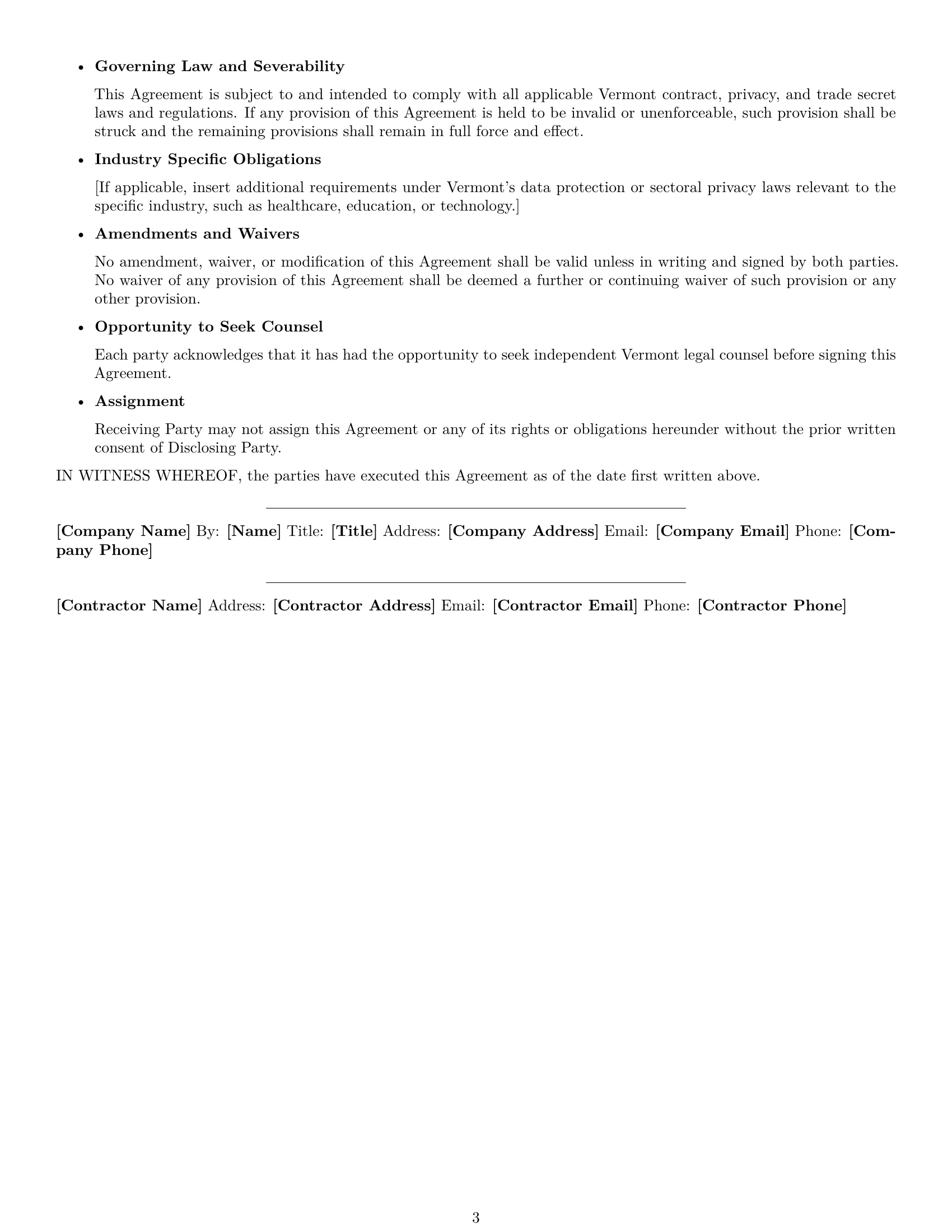 Preview page 3 of Free Vermont independent contractor nda template