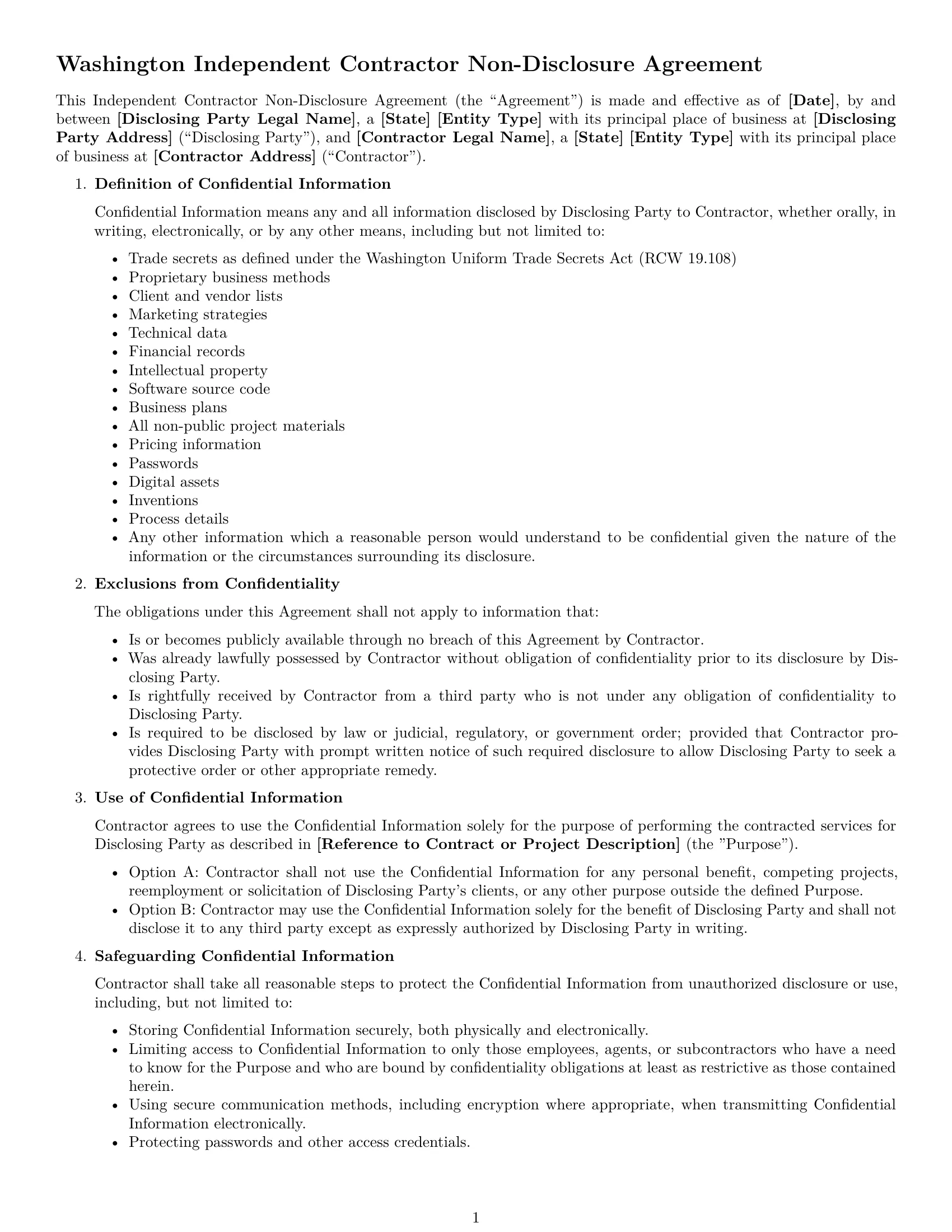 Preview page 1 of Free Washington independent contractor nda template