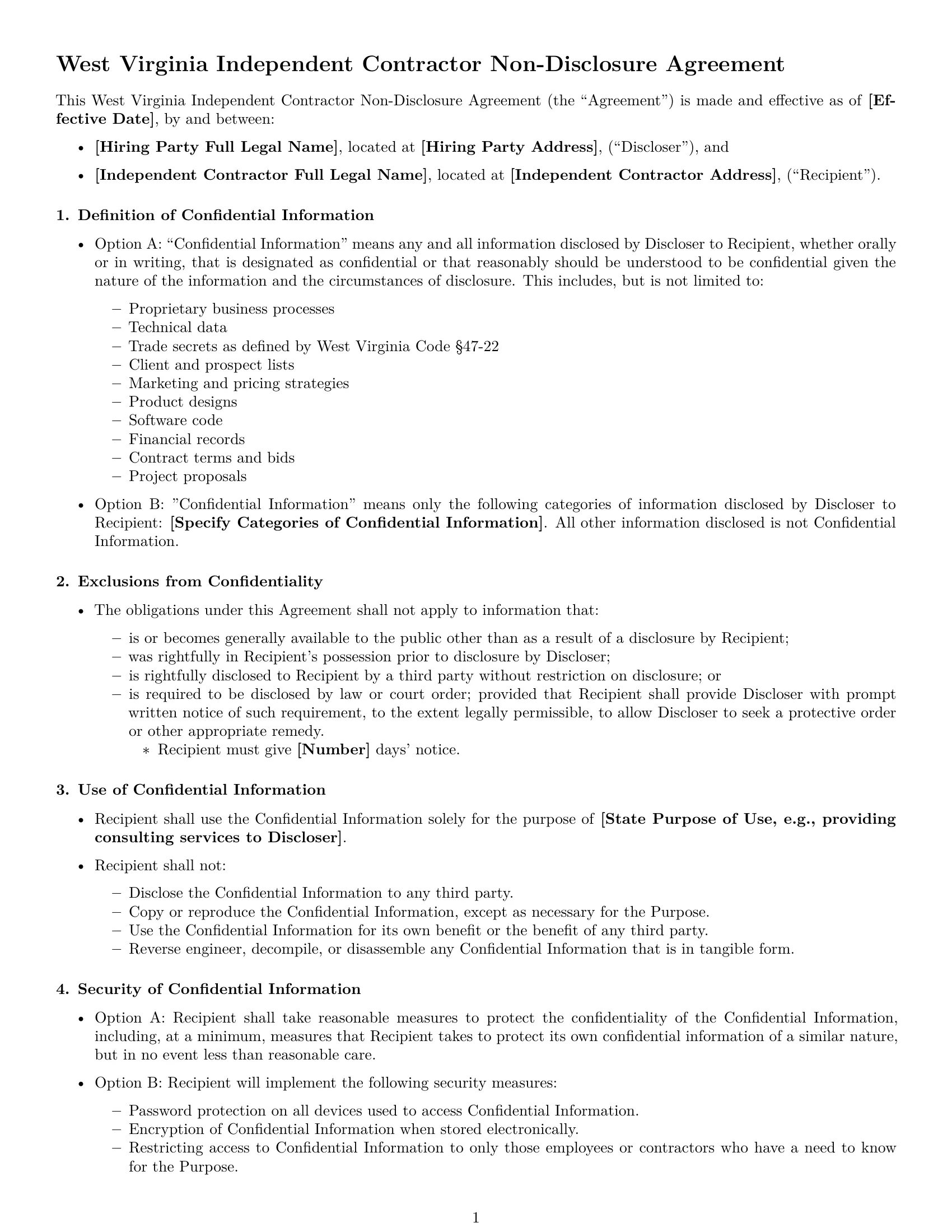 Preview page 1 of Free West Virginia independent contractor nda template
