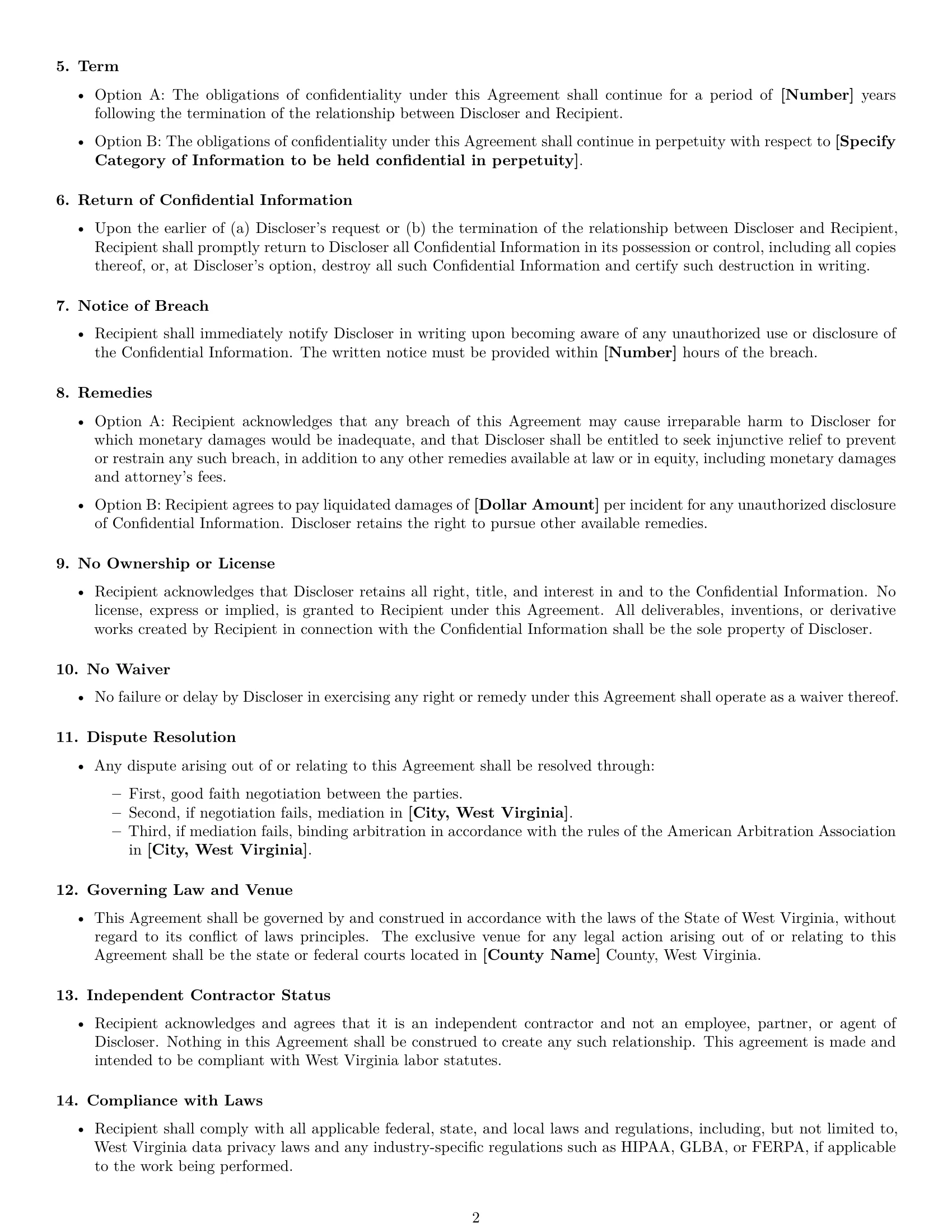 Preview page 2 of Free West Virginia independent contractor nda template