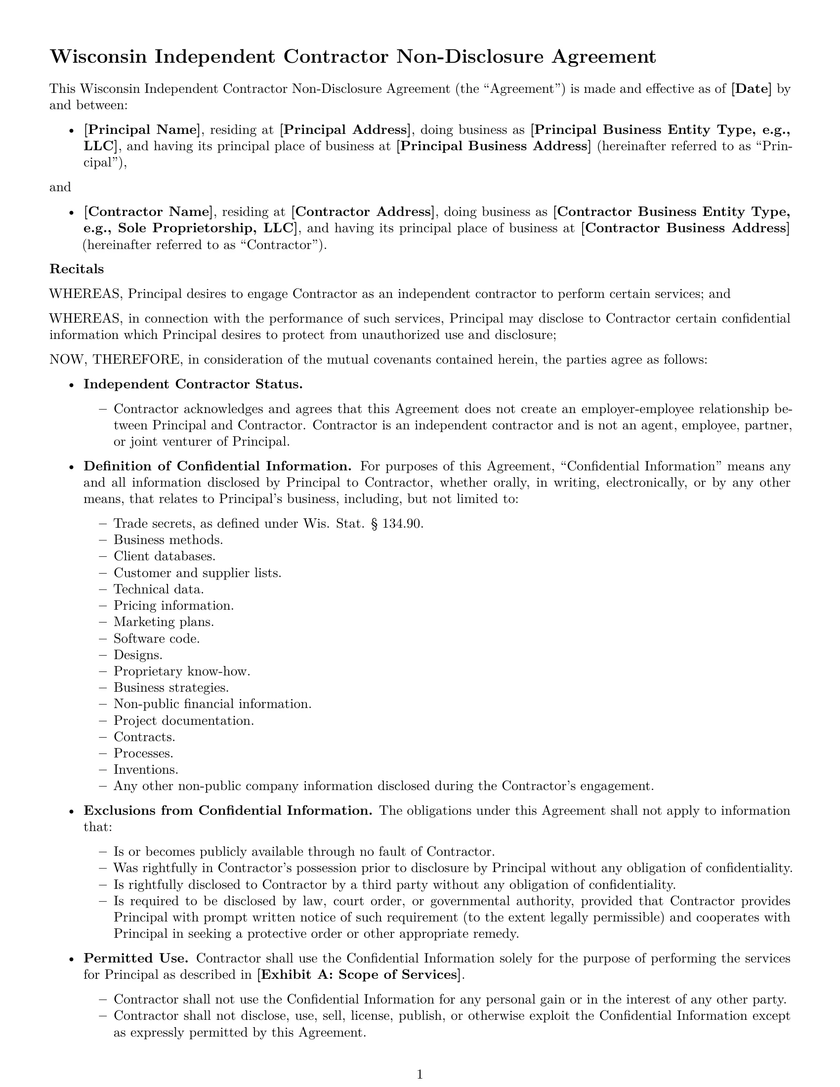 Preview page 1 of Free Wisconsin independent contractor nda template