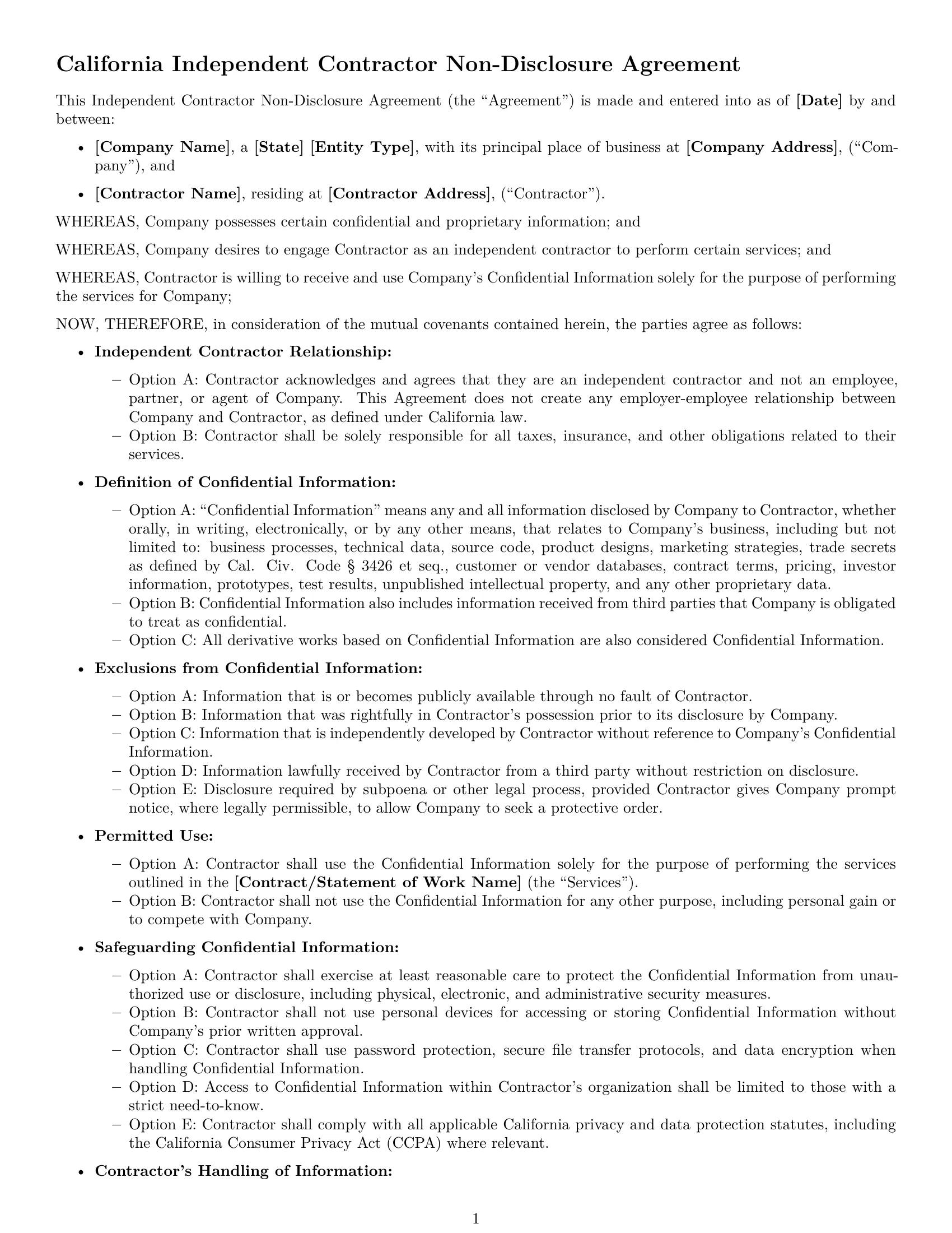 Preview page 1 of Free California independent contractor nda template