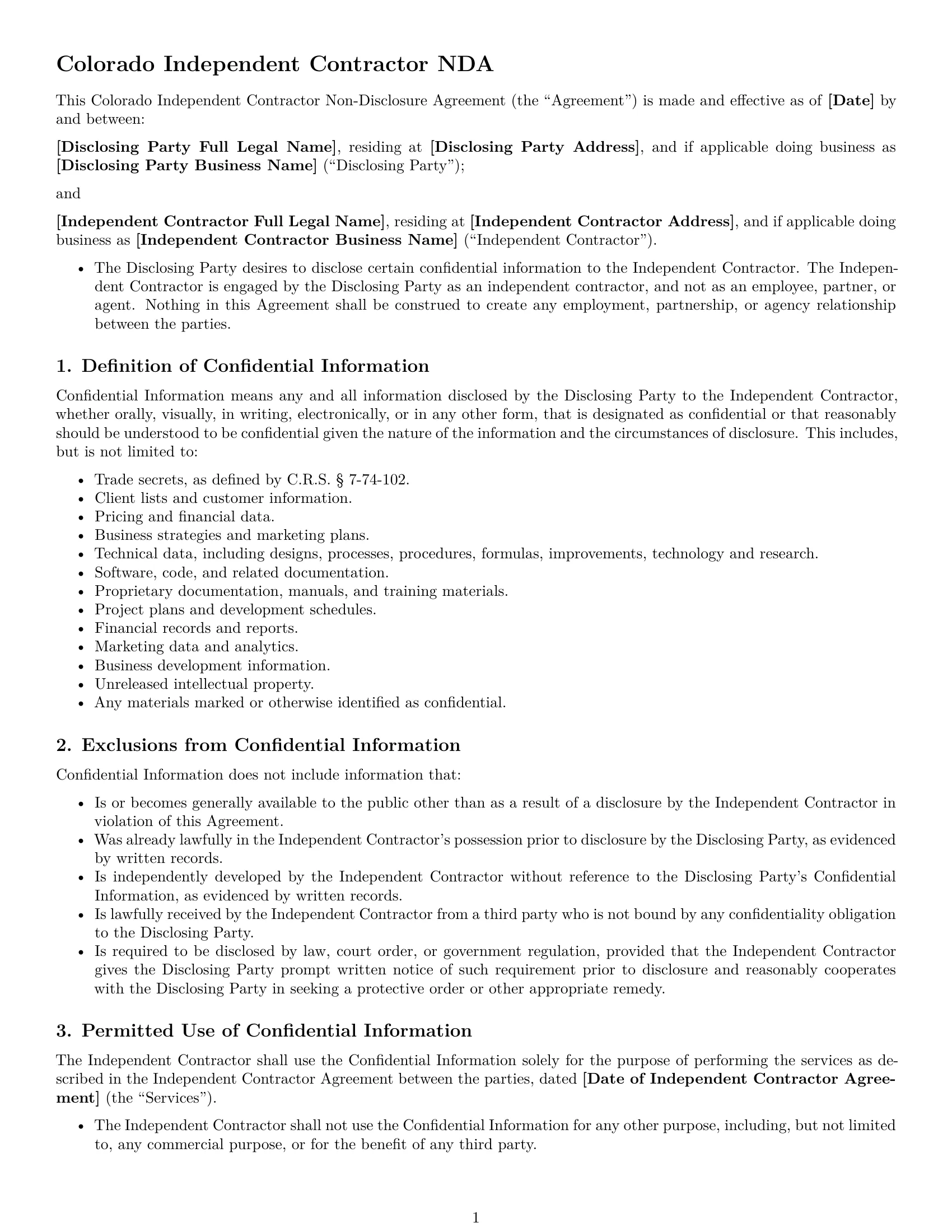 Preview page 1 of Free Colorado independent contractor nda template