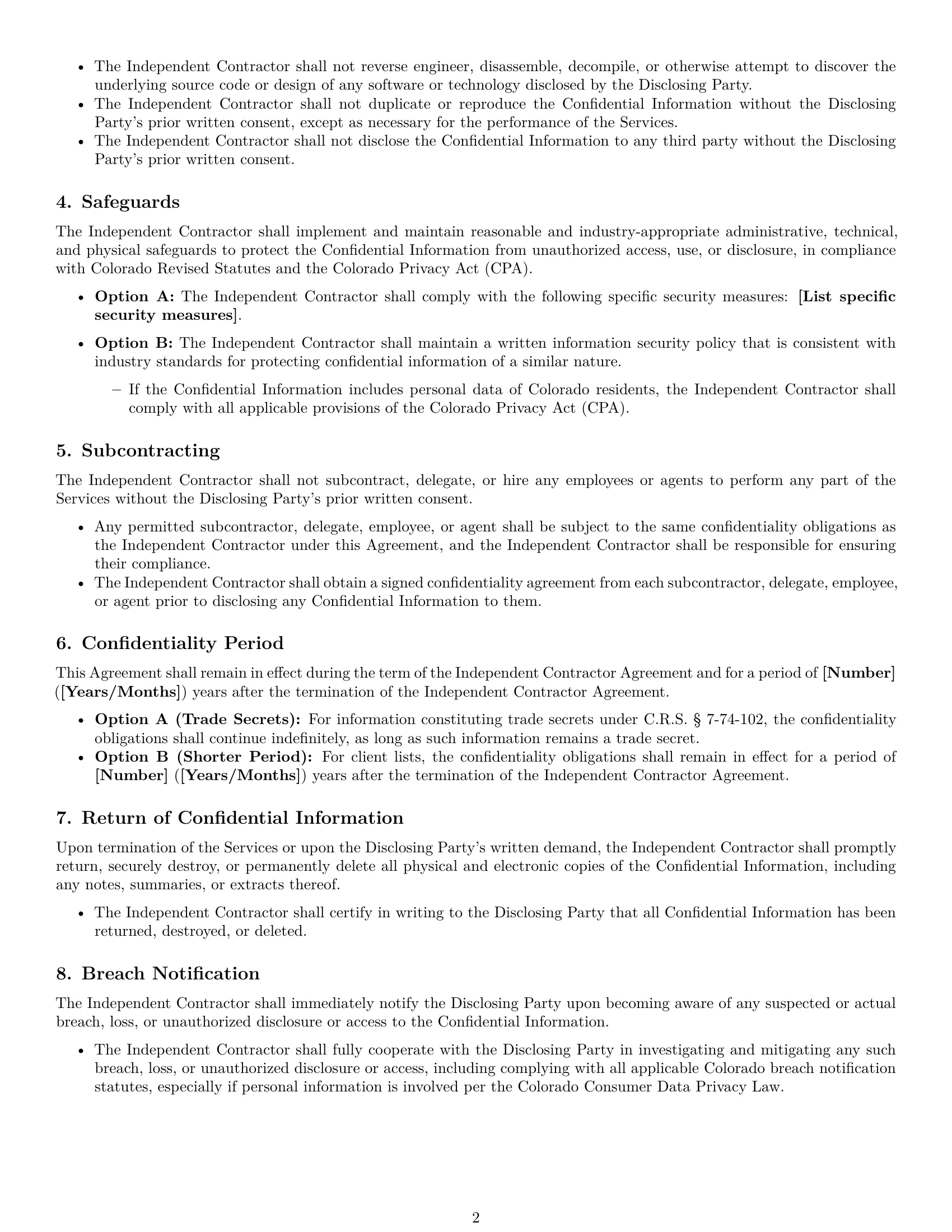 Preview page 2 of Free Colorado independent contractor nda template