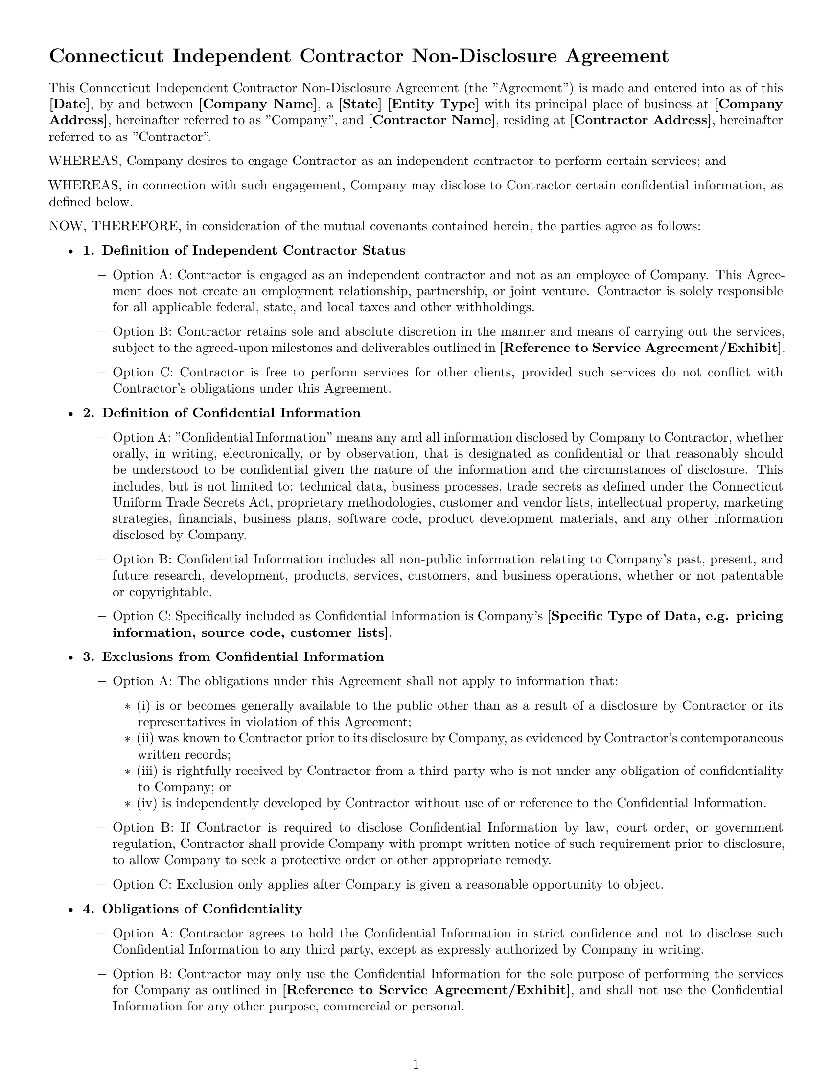 Preview page 1 of Free Connecticut independent contractor nda template