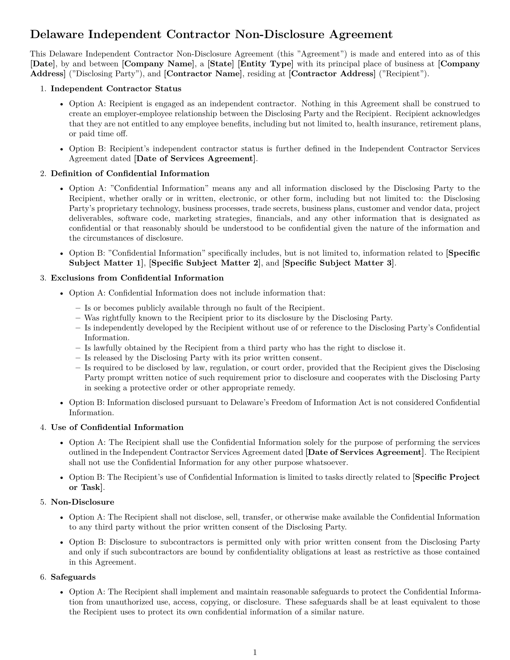 Preview page 1 of Free Delaware independent contractor nda template
