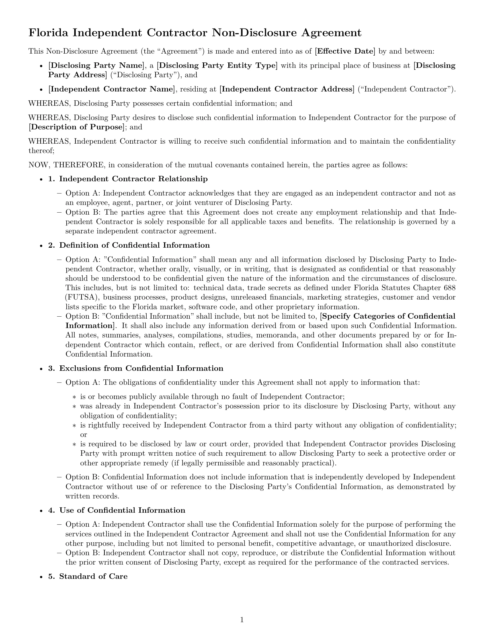 Preview page 1 of Free Florida independent contractor nda template