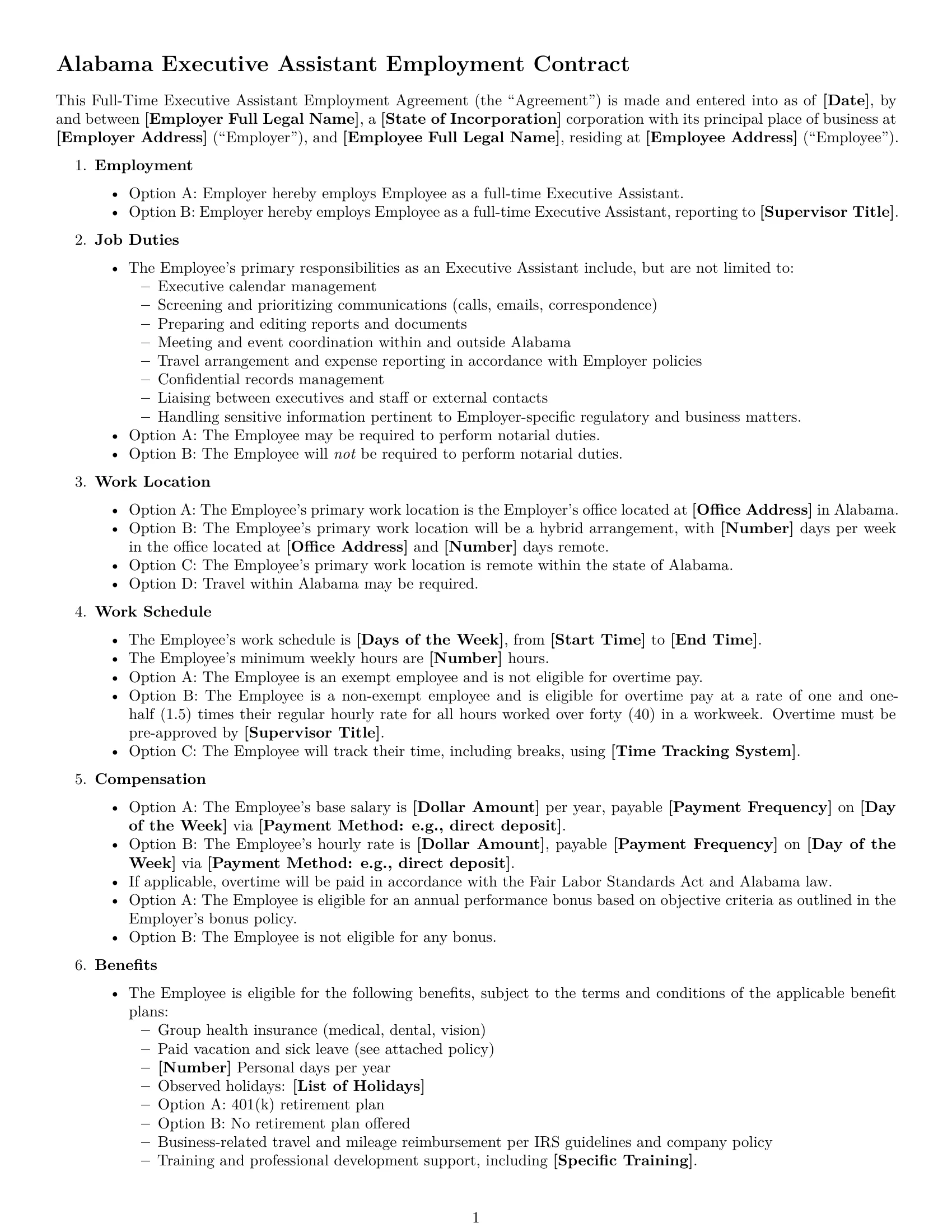 Preview page 1 of Free Alabama executive assistant employment contract template
