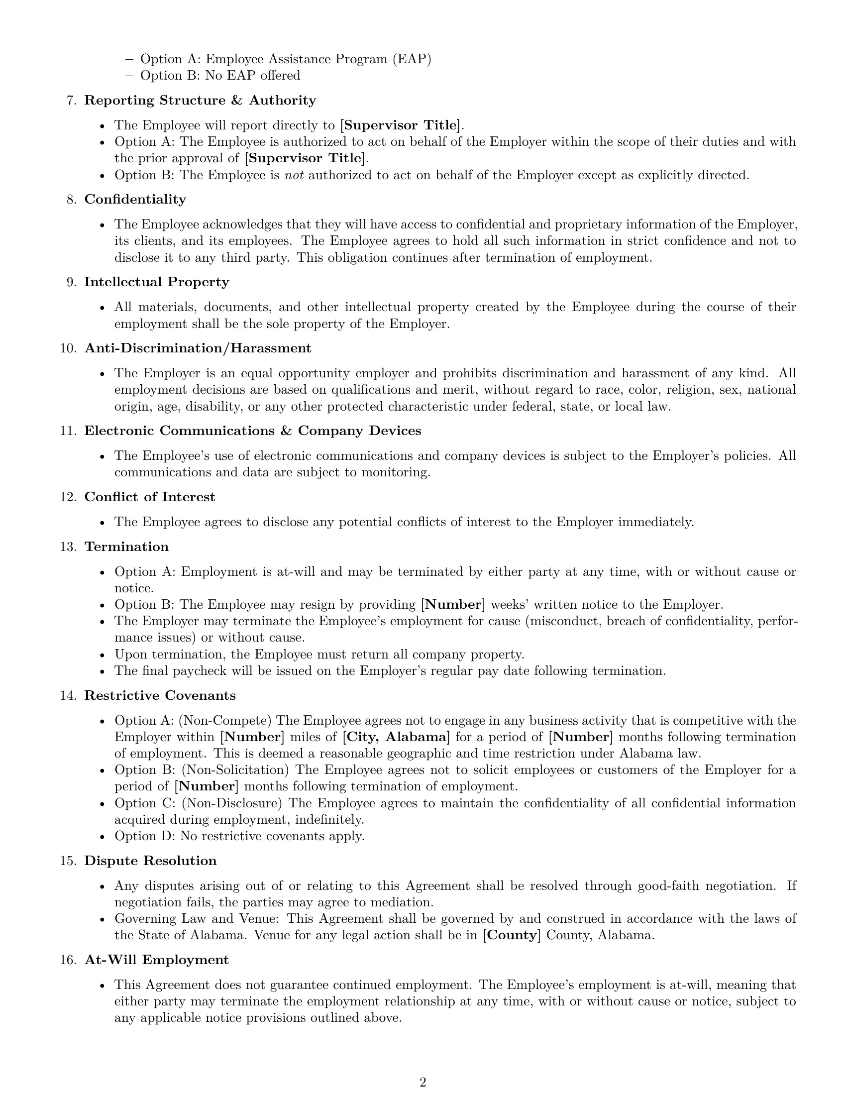 Preview page 2 of Free Alabama executive assistant employment contract template