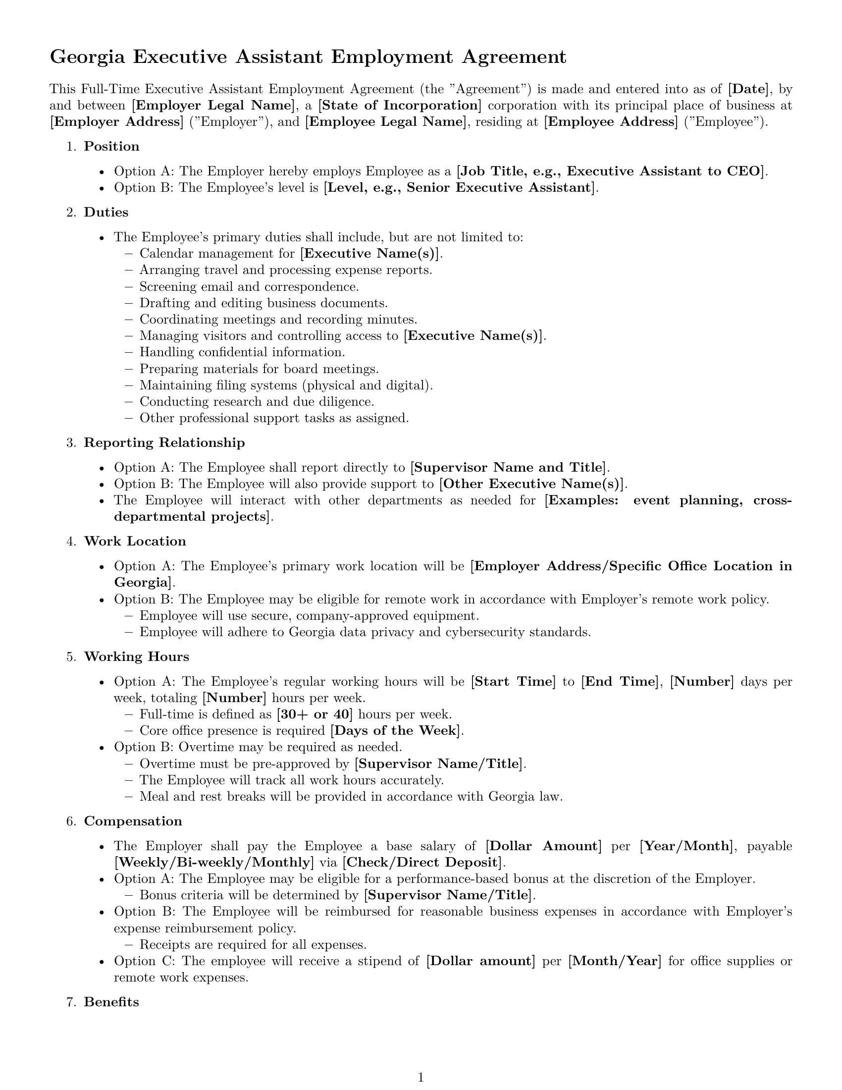 Preview page 1 of Free Georgia executive assistant employment contract template
