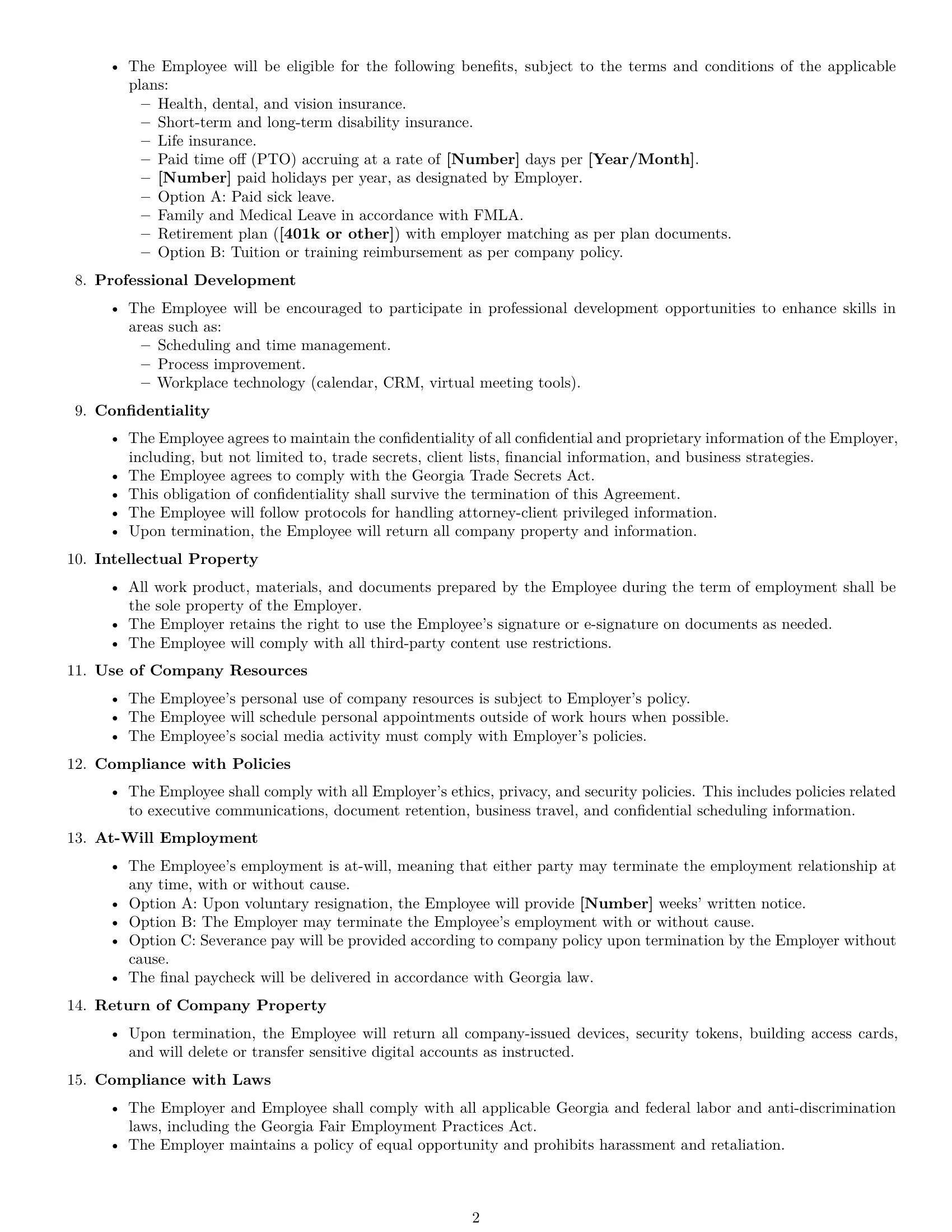 Preview page 2 of Free Georgia executive assistant employment contract template
