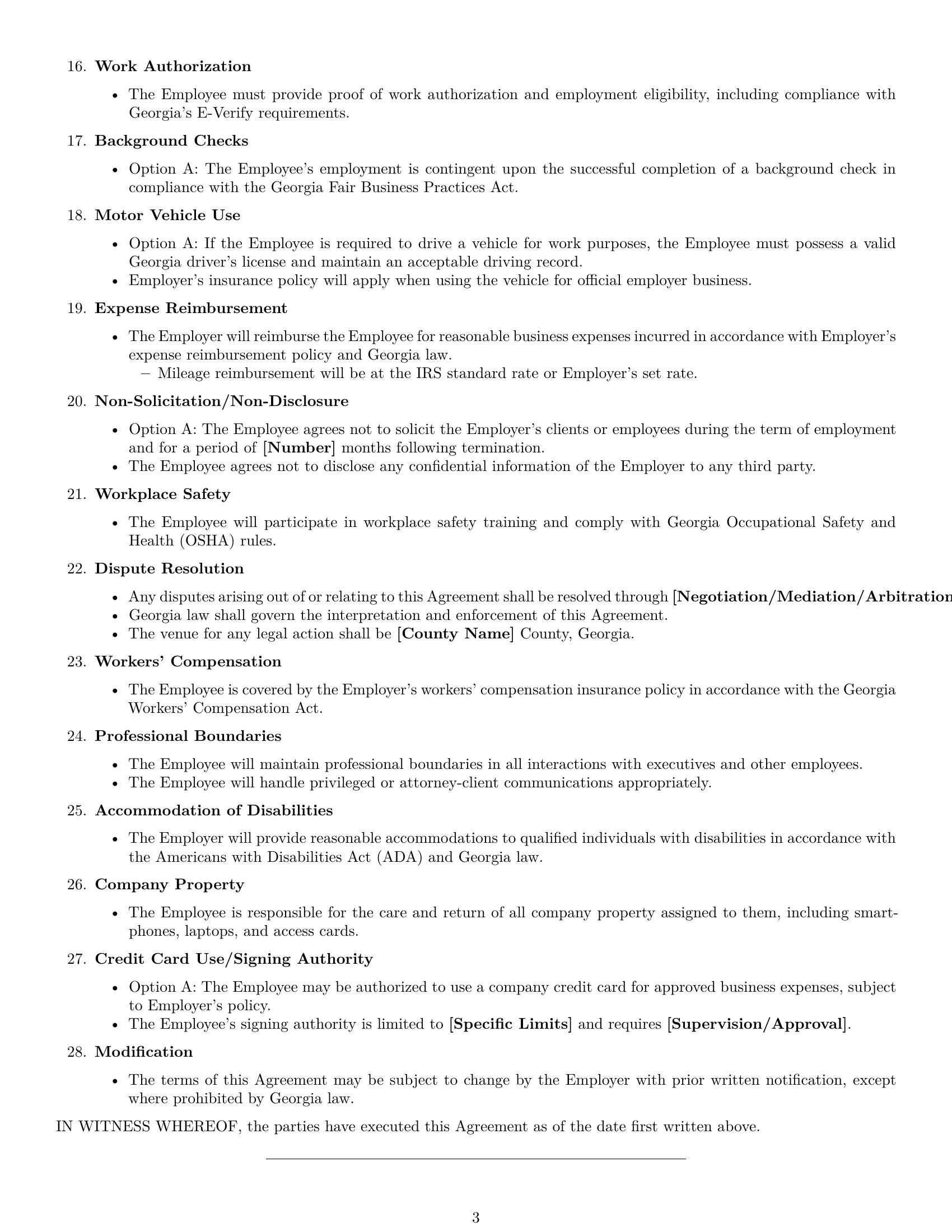 Preview page 3 of Free Georgia executive assistant employment contract template