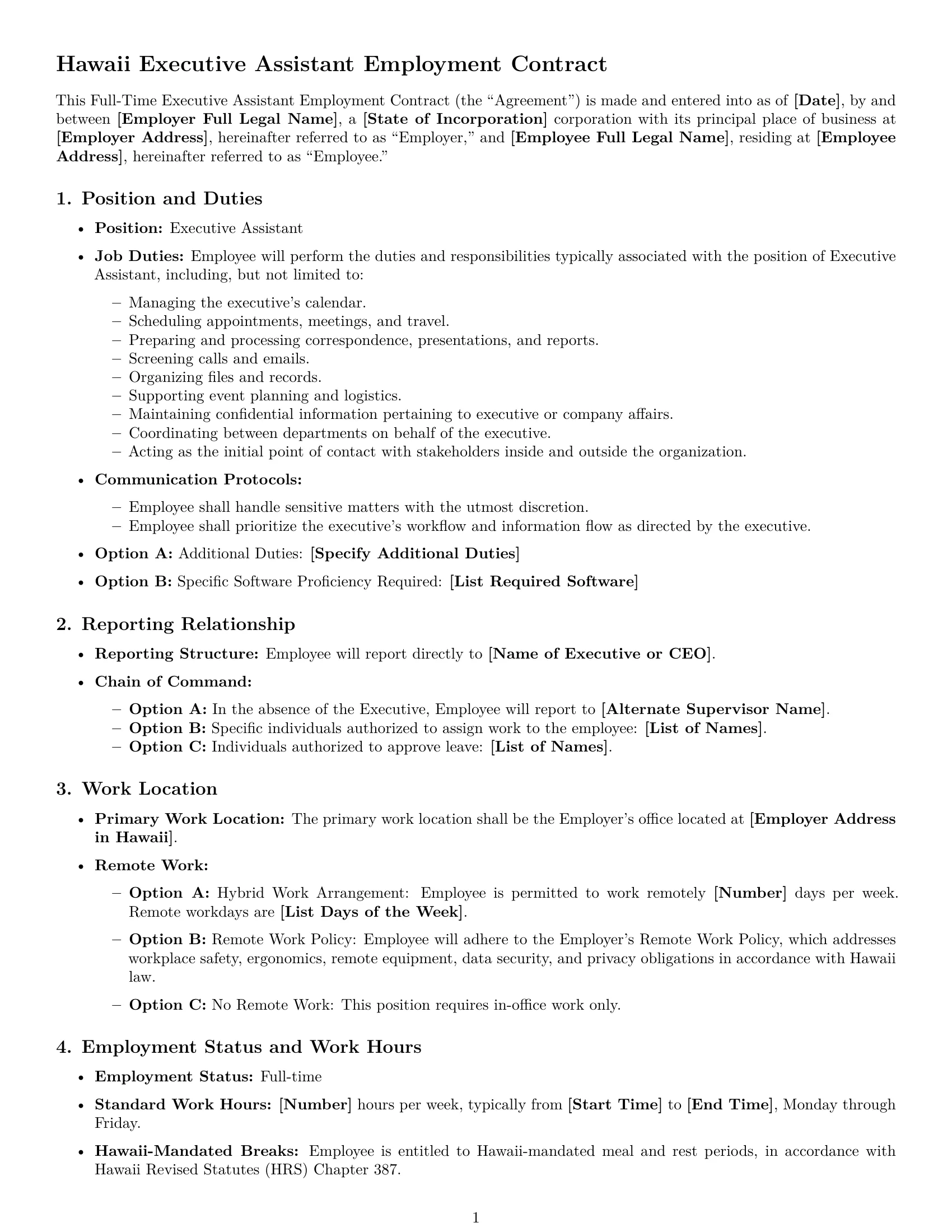 Preview page 1 of Free Hawaii executive assistant employment contract template