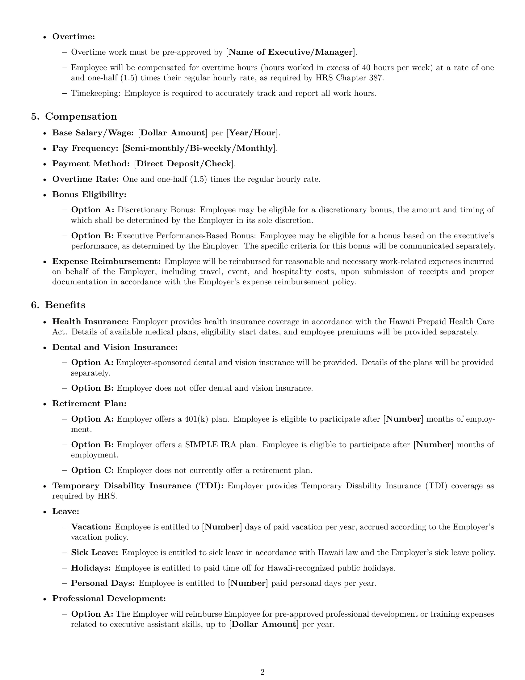 Preview page 2 of Free Hawaii executive assistant employment contract template