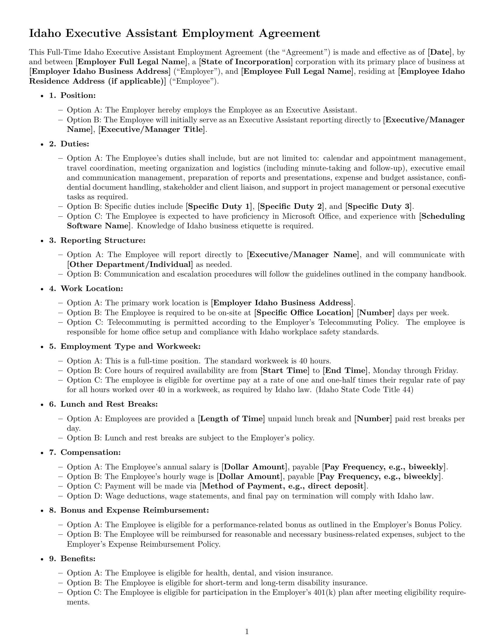 Preview page 1 of Free Idaho executive assistant employment contract template