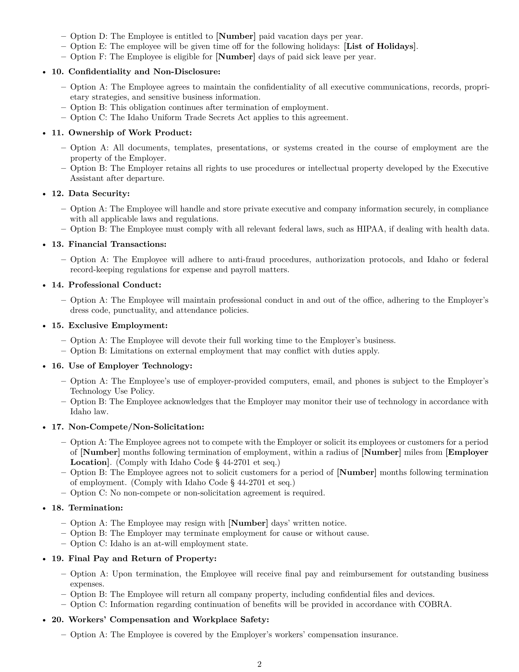 Preview page 2 of Free Idaho executive assistant employment contract template