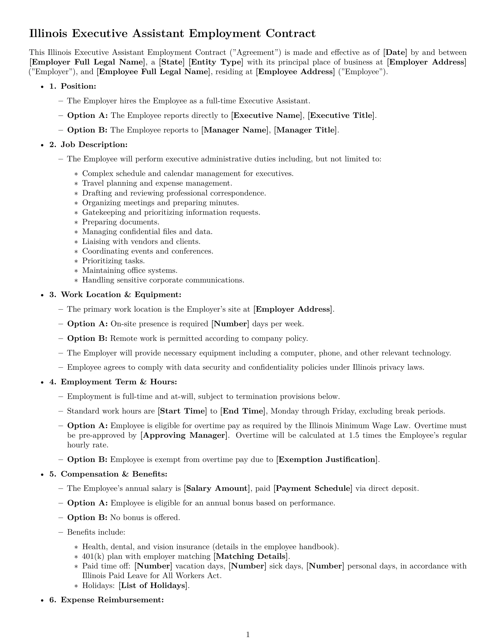 Preview page 1 of Free Illinois executive assistant employment contract template