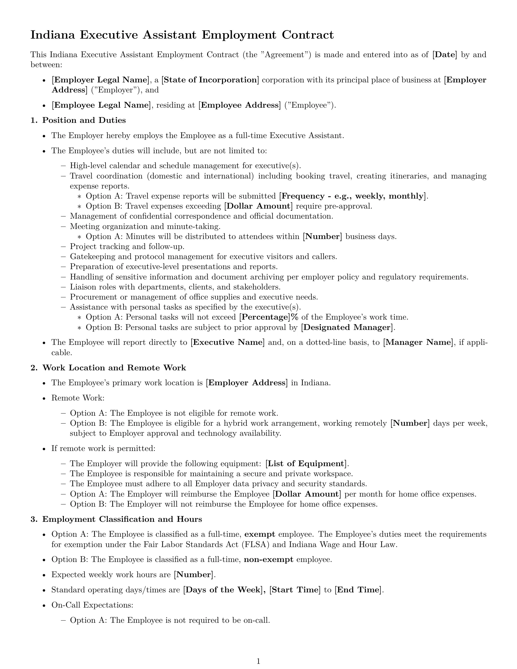 Preview page 1 of Free Indiana executive assistant employment contract template