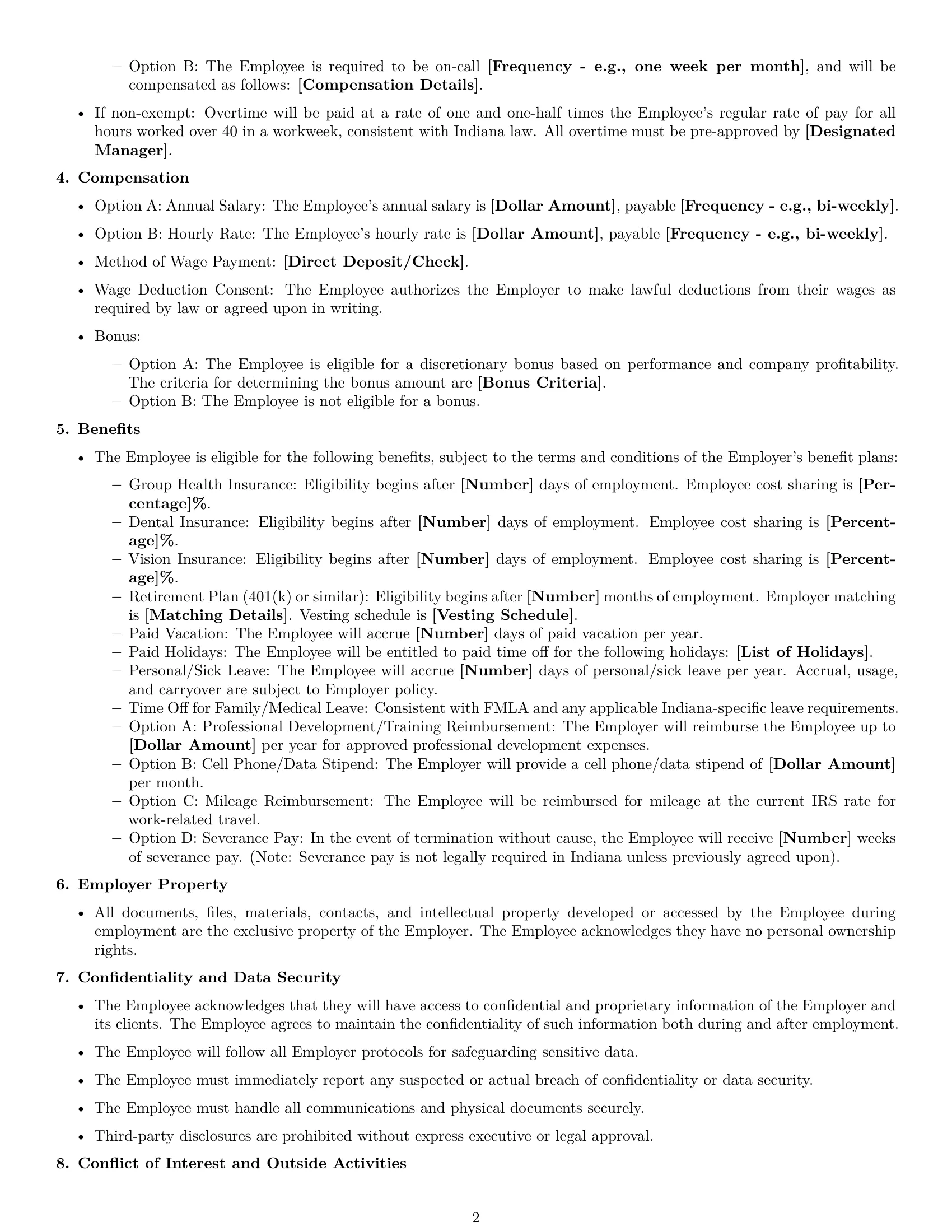 Preview page 2 of Free Indiana executive assistant employment contract template