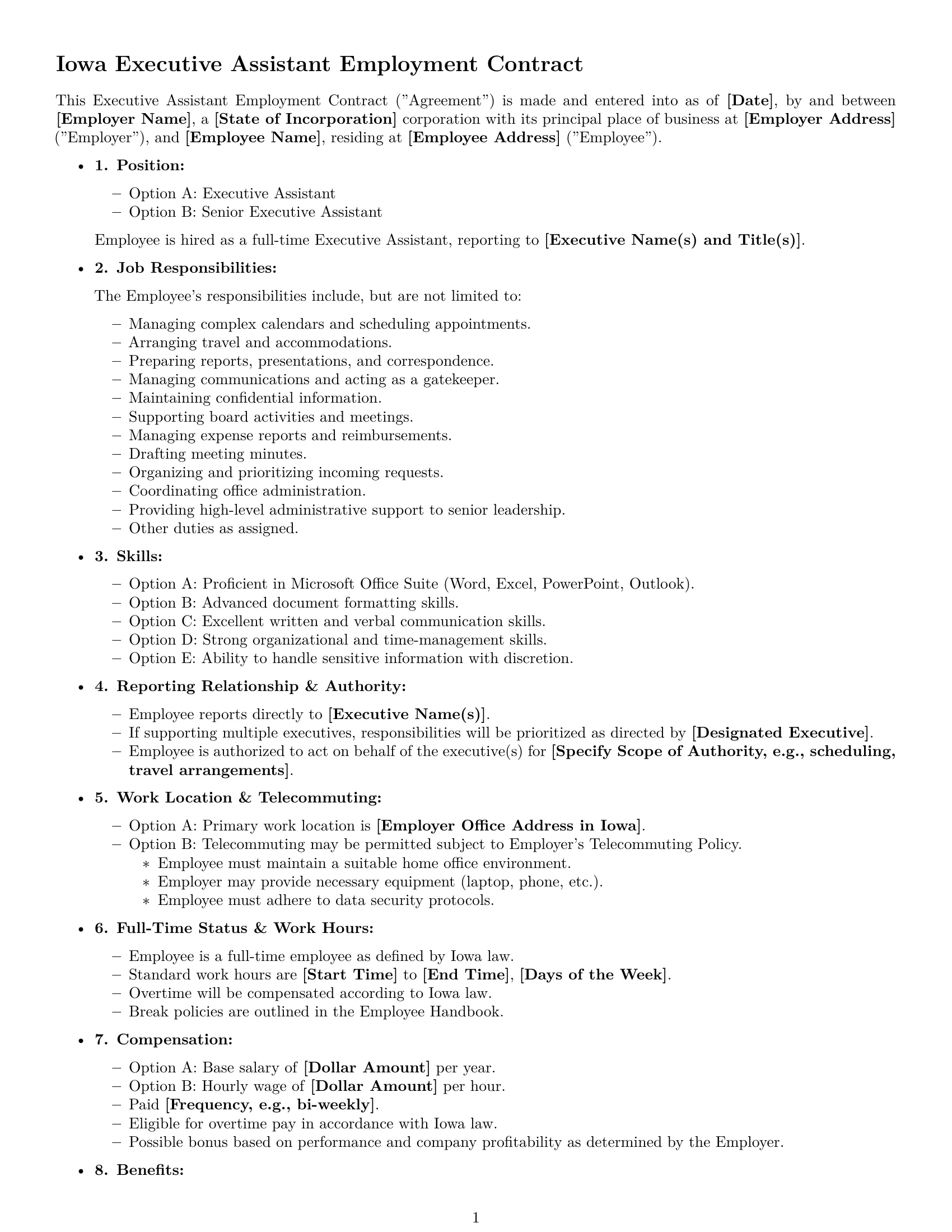 Preview page 1 of Free Iowa executive assistant employment contract template