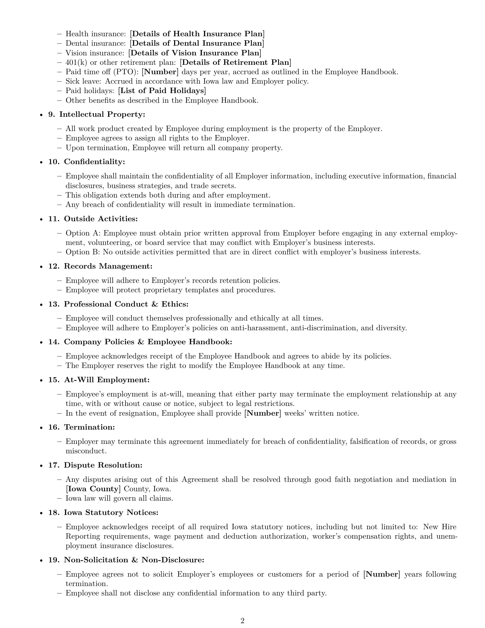 Preview page 2 of Free Iowa executive assistant employment contract template