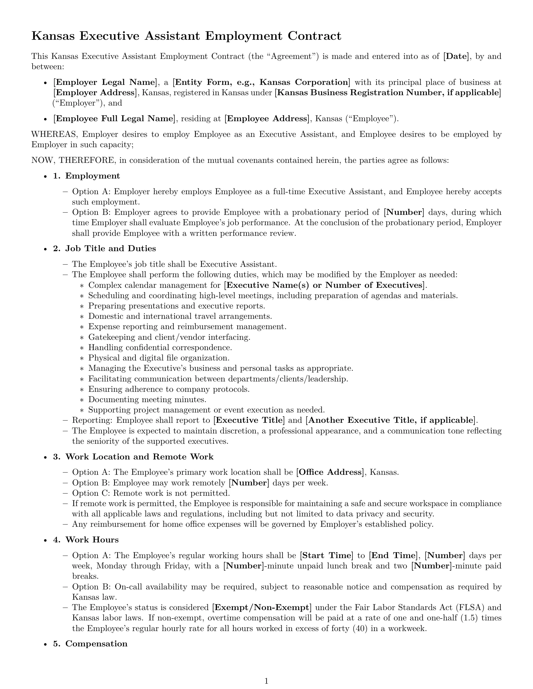 Preview page 1 of Free Kansas executive assistant employment contract template