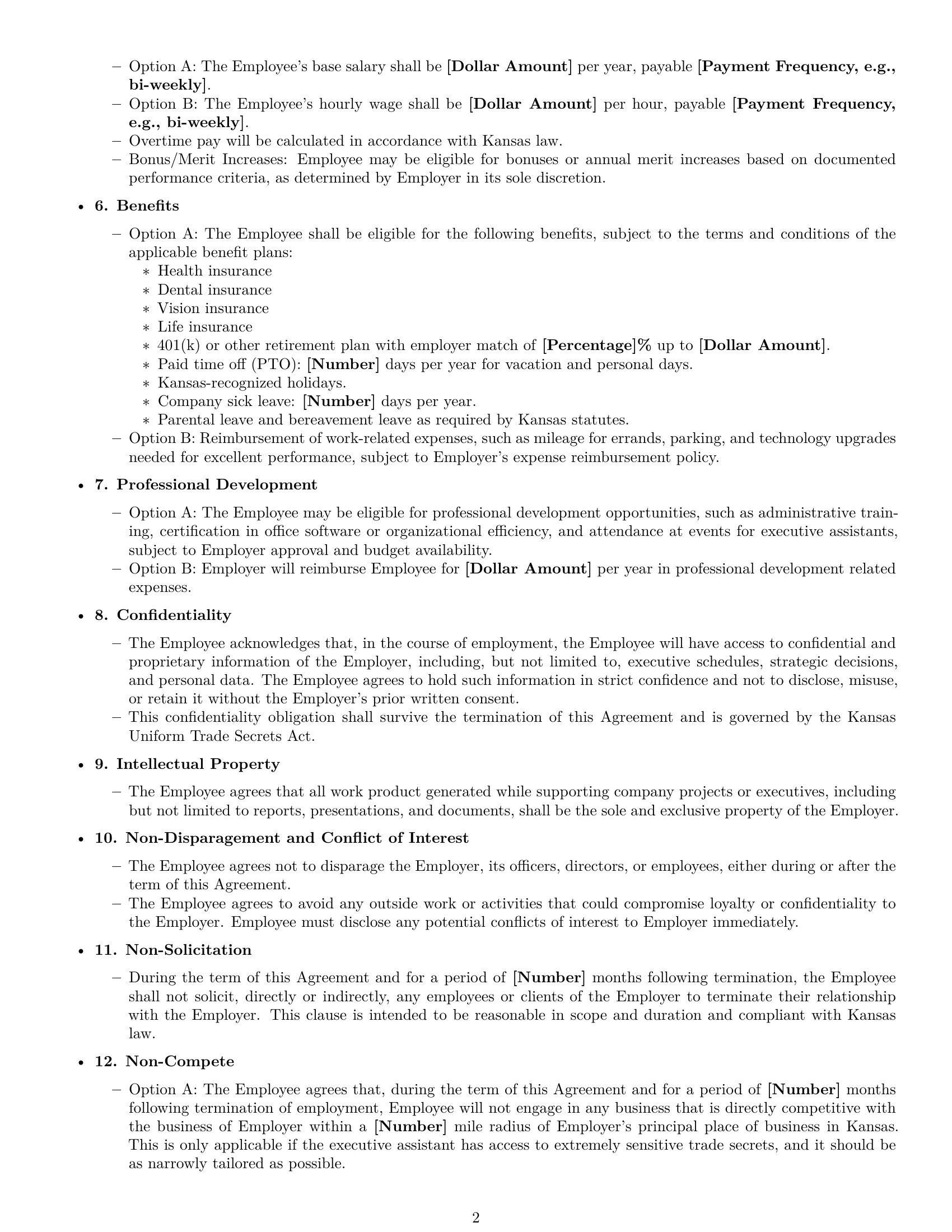 Preview page 2 of Free Kansas executive assistant employment contract template