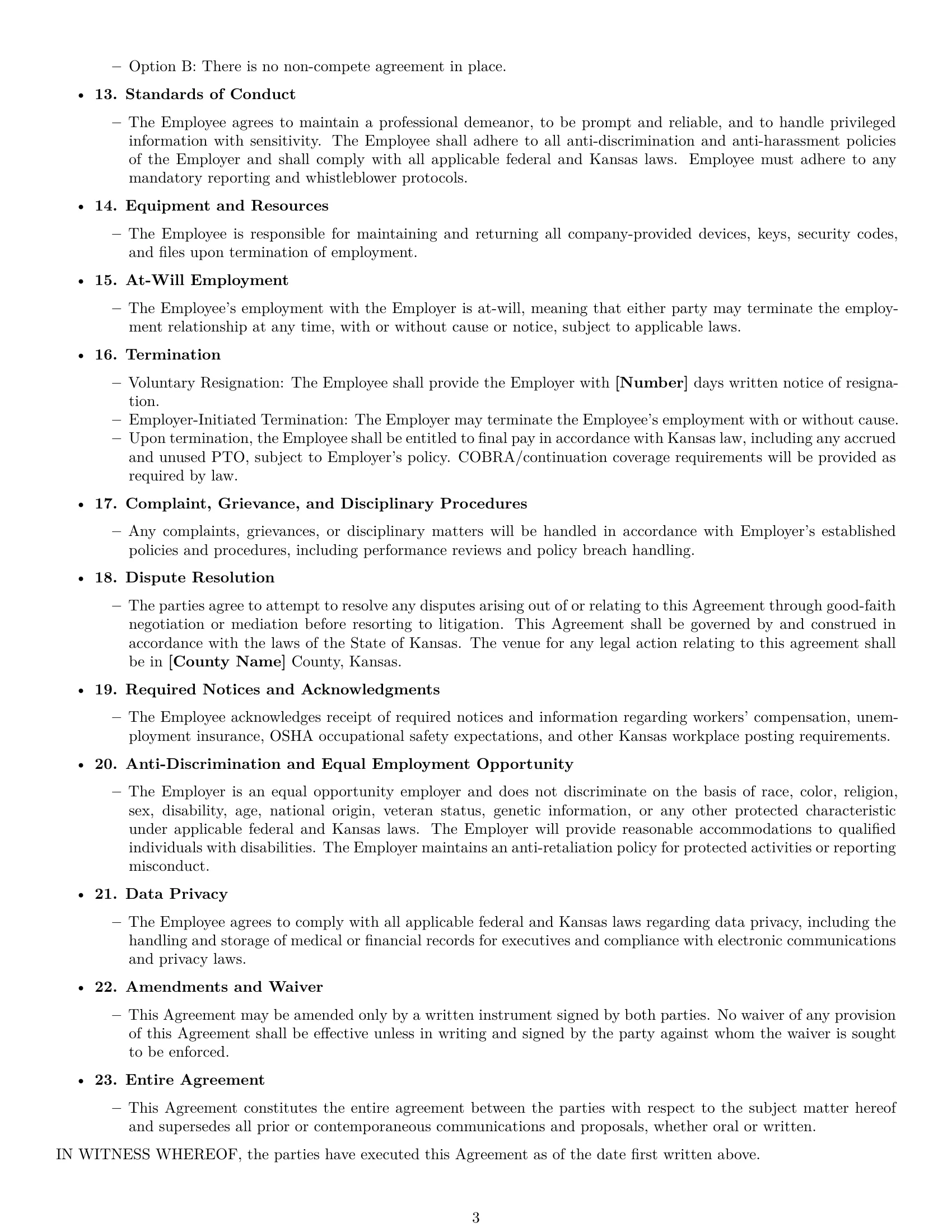 Preview page 3 of Free Kansas executive assistant employment contract template