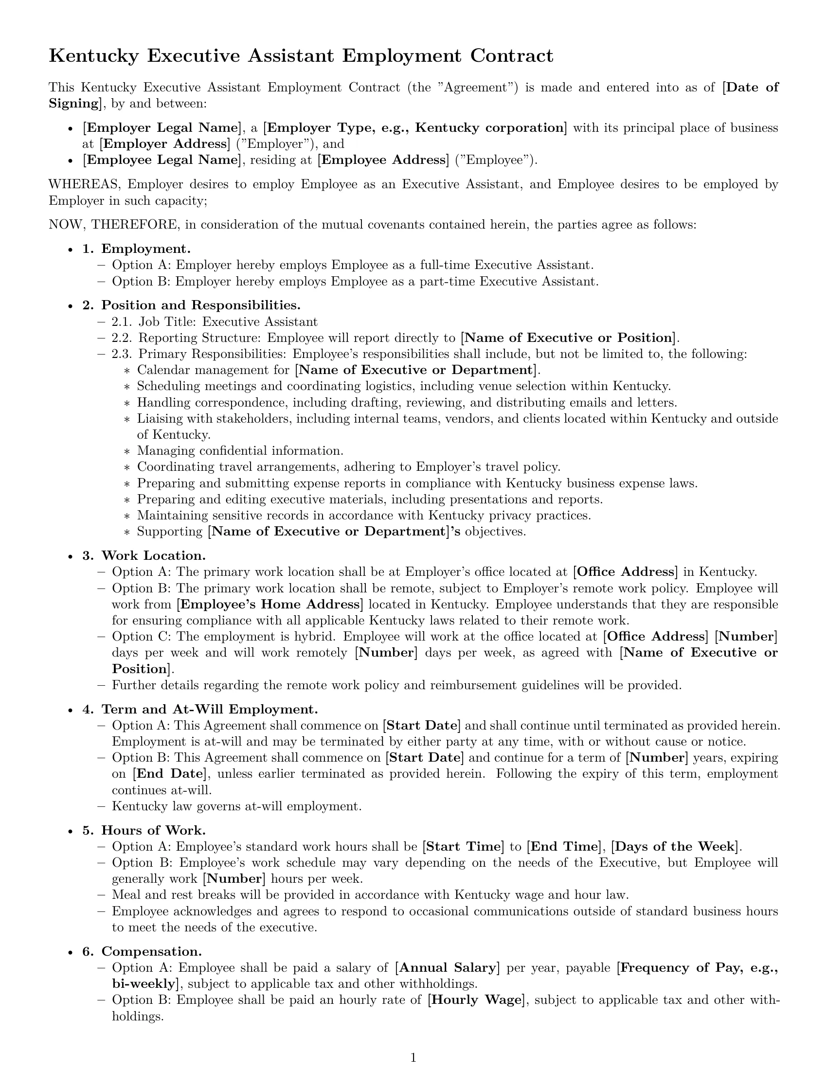 Preview page 1 of Free Kentucky executive assistant employment contract template