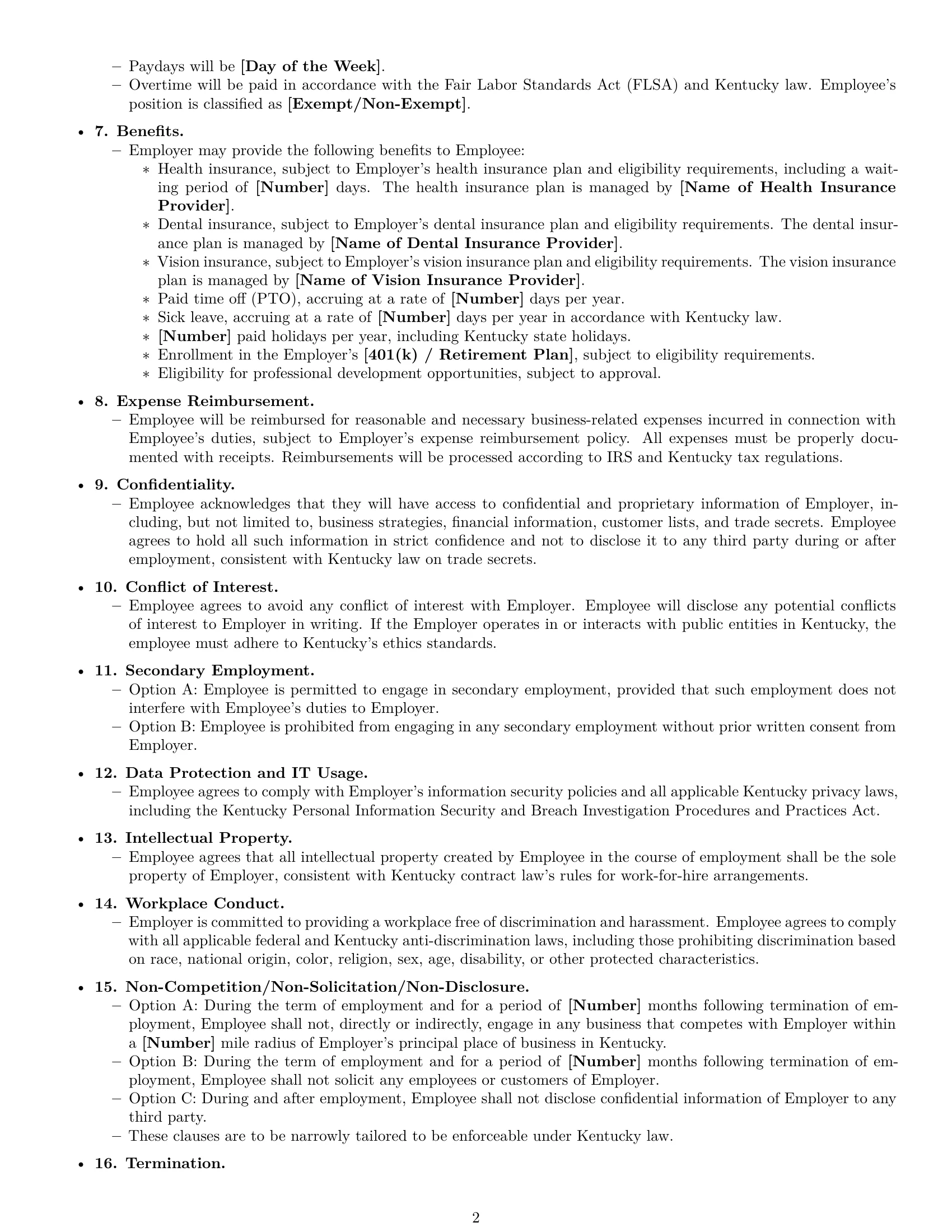 Preview page 2 of Free Kentucky executive assistant employment contract template