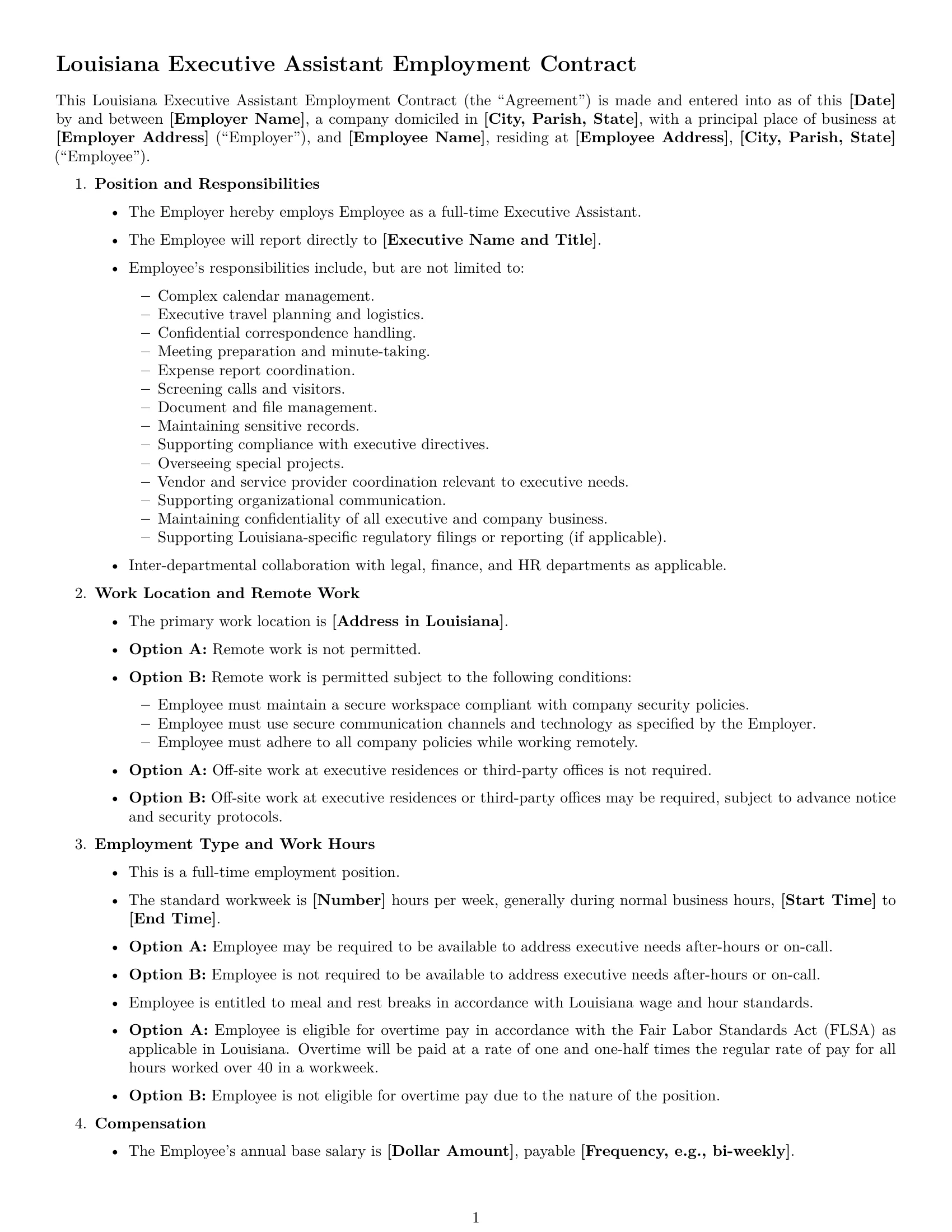 Preview page 1 of Free Louisiana executive assistant employment contract template