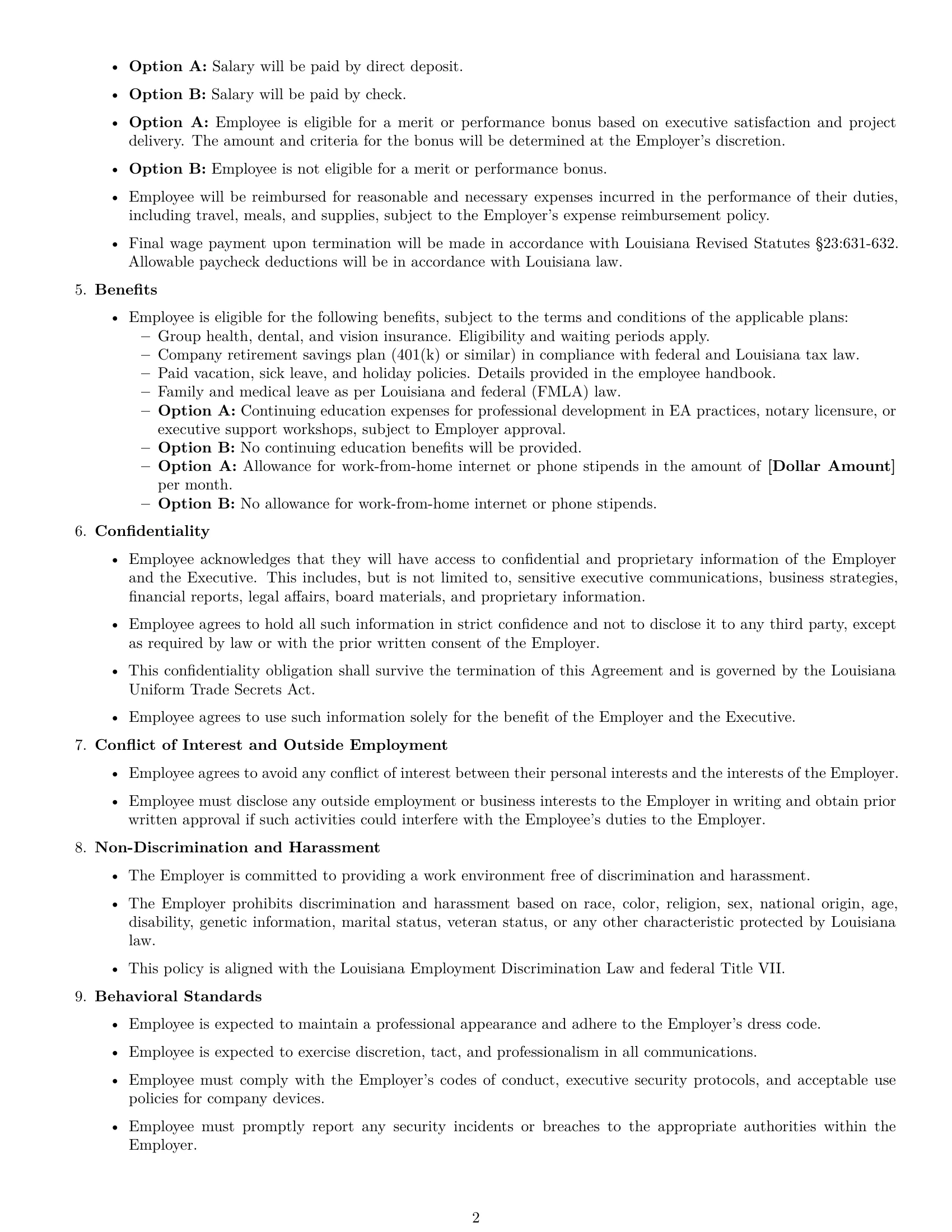 Preview page 2 of Free Louisiana executive assistant employment contract template
