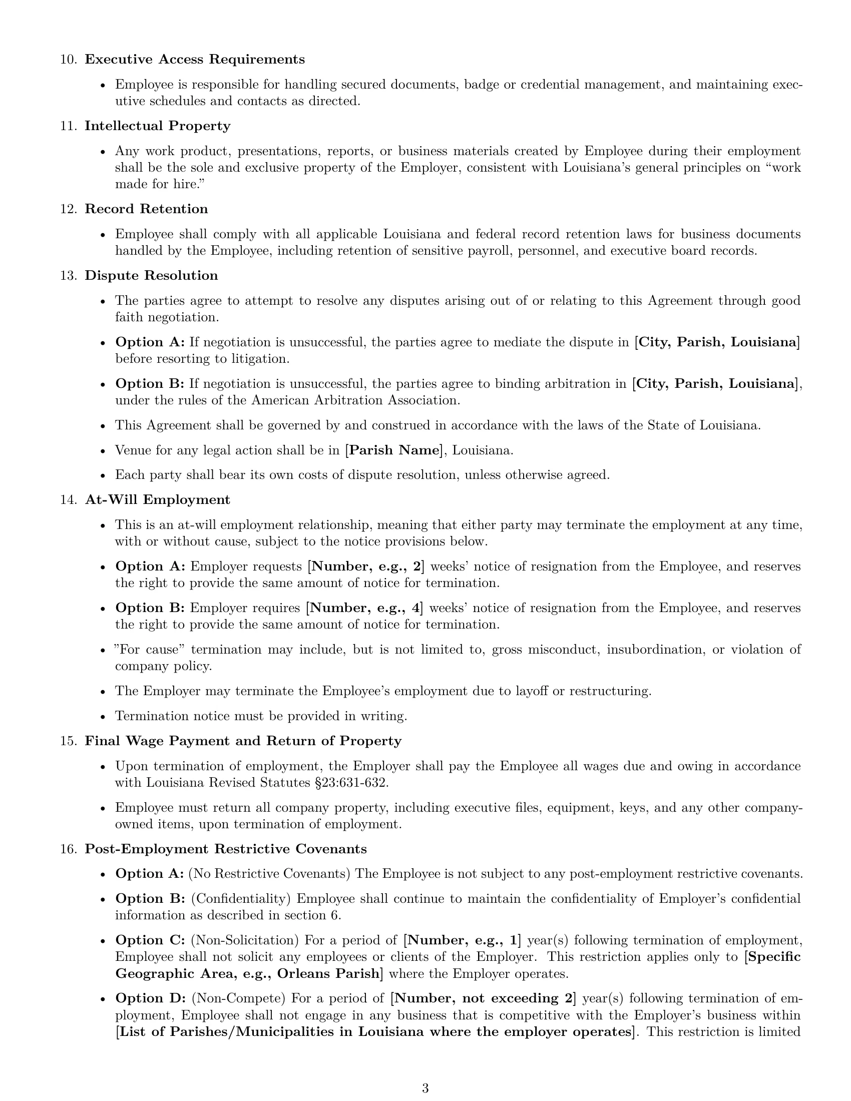 Preview page 3 of Free Louisiana executive assistant employment contract template
