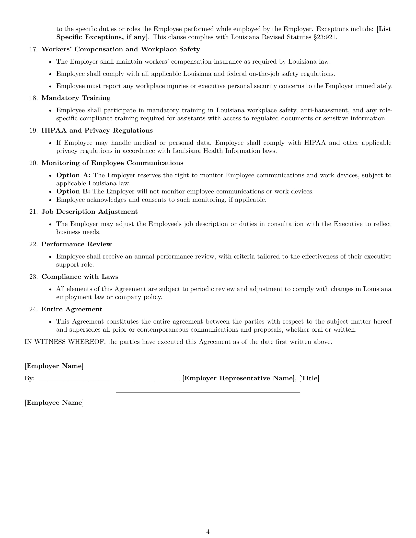 Preview page 4 of Free Louisiana executive assistant employment contract template