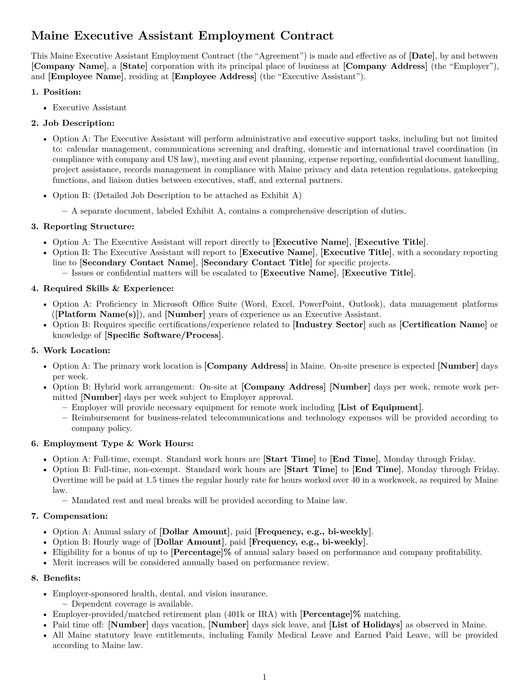 Preview page 1 of Free Maine executive assistant employment contract template