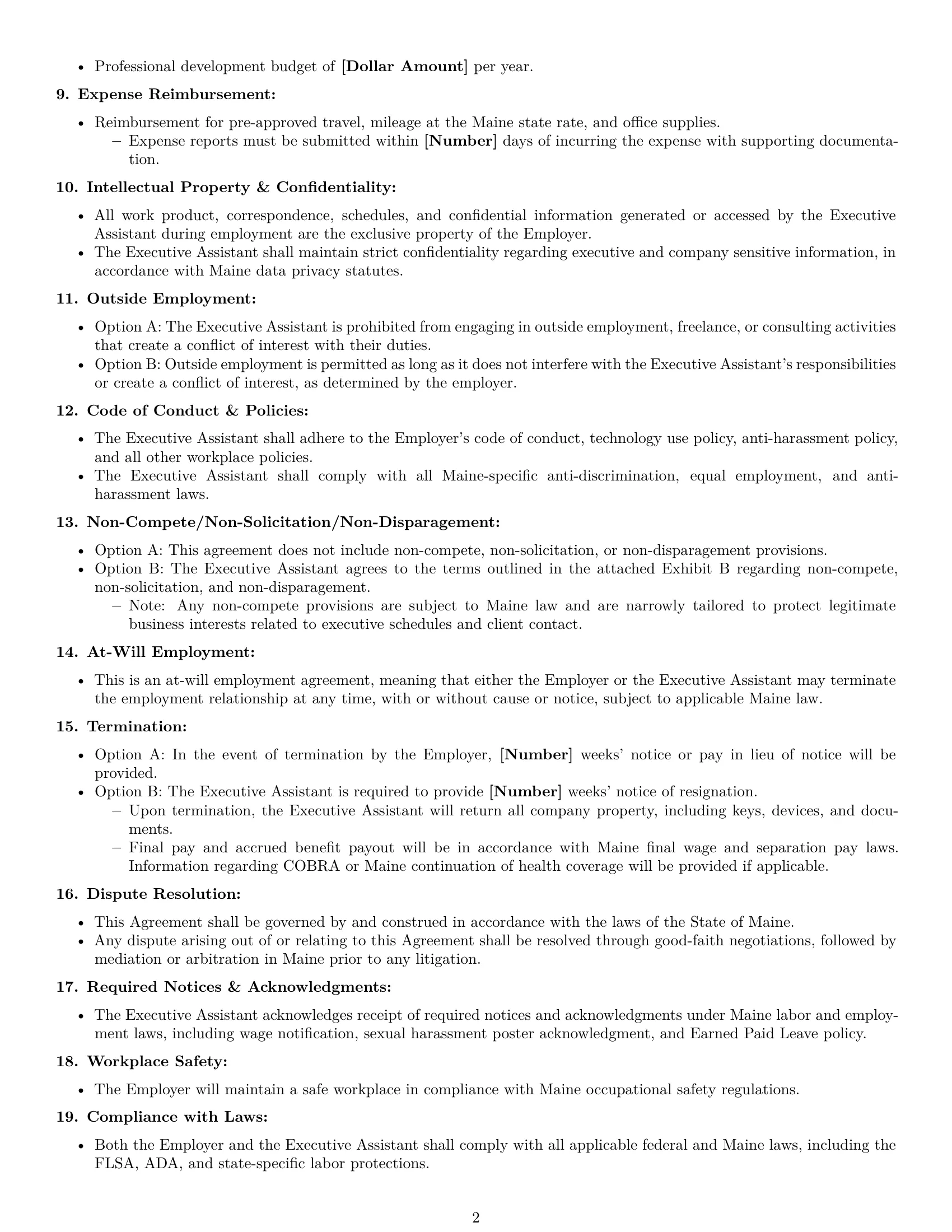 Preview page 2 of Free Maine executive assistant employment contract template