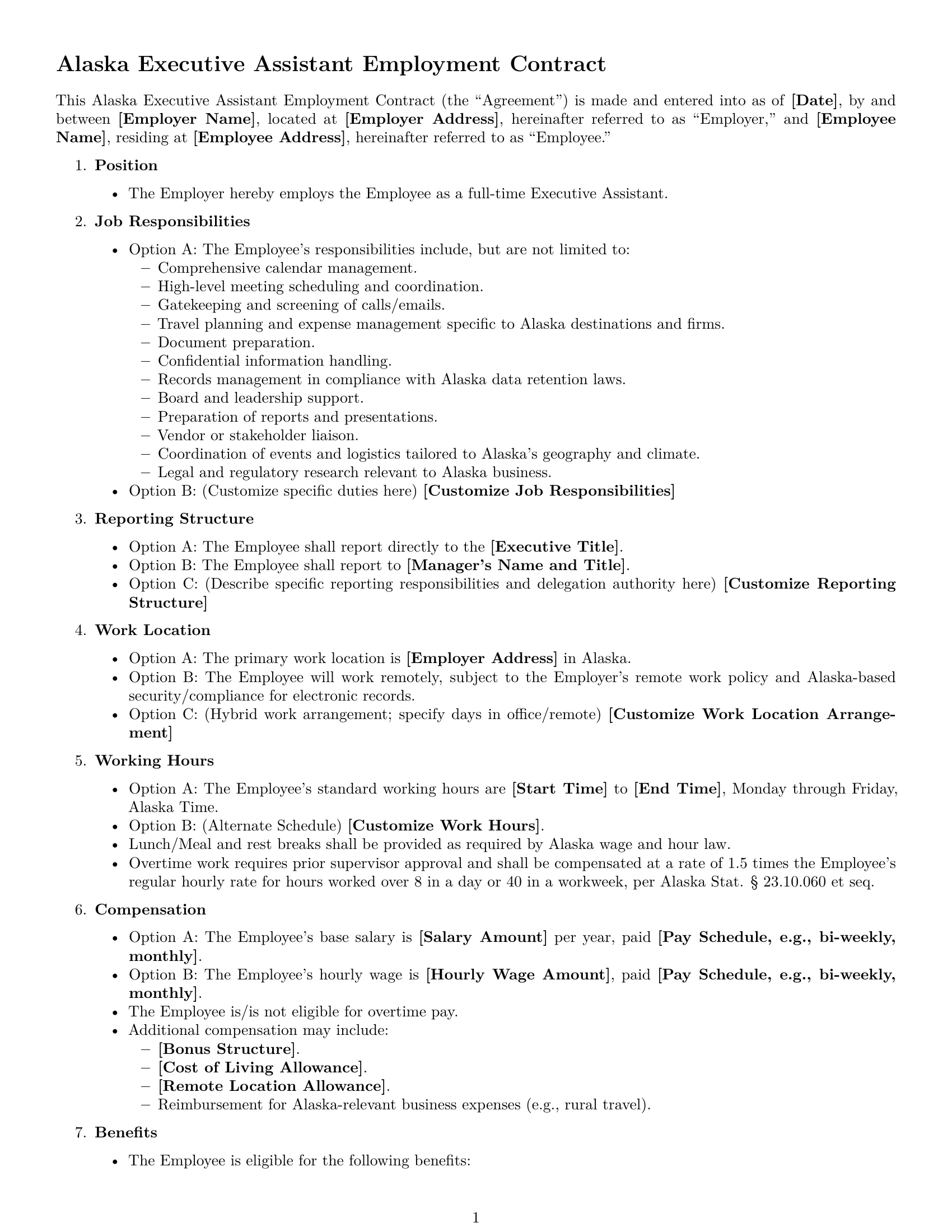 Preview page 1 of Free Alaska executive assistant employment contract template
