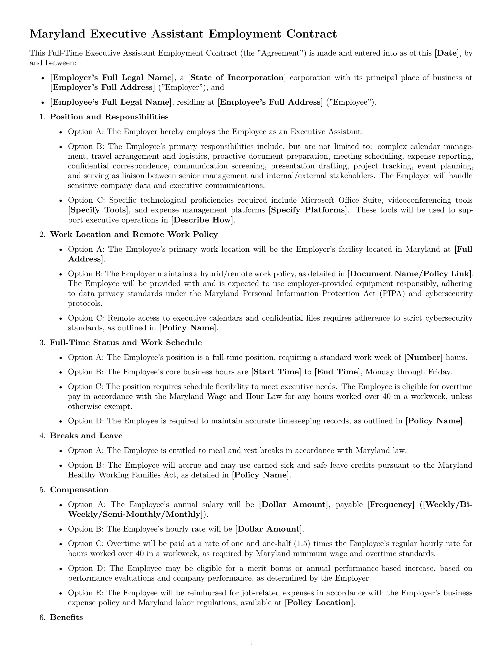 Preview page 1 of Free Maryland executive assistant employment contract template