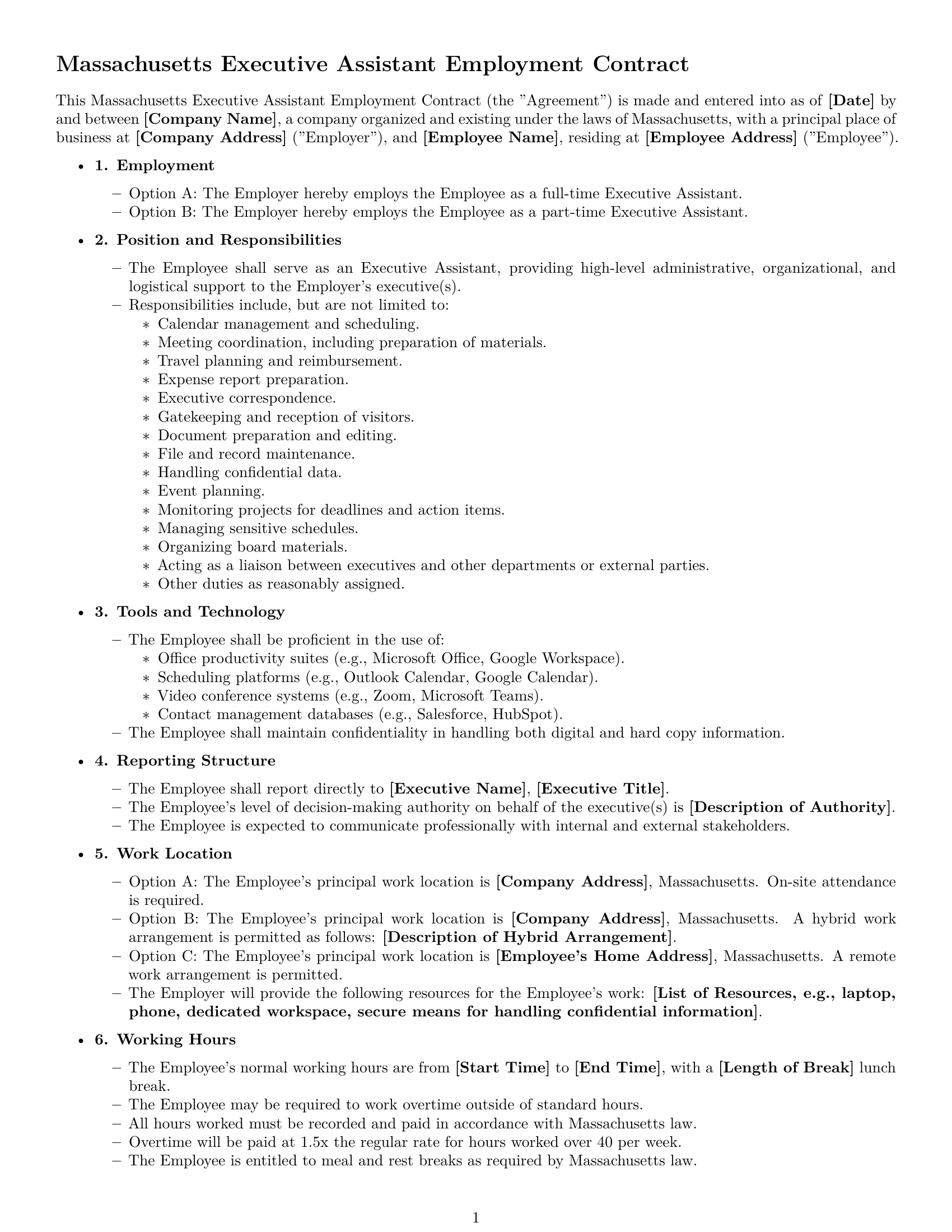 Preview page 1 of Free Massachusetts executive assistant employment contract template