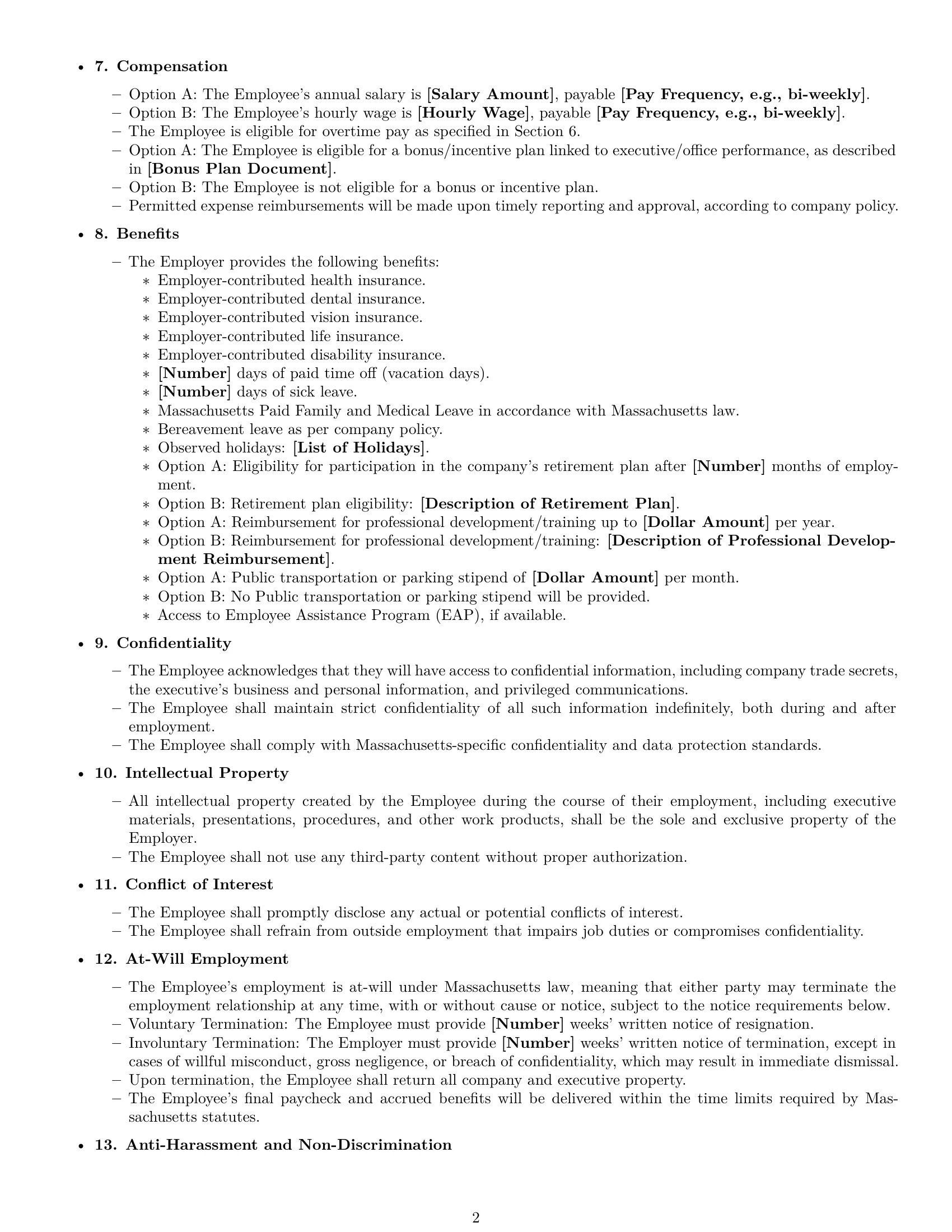Preview page 2 of Free Massachusetts executive assistant employment contract template