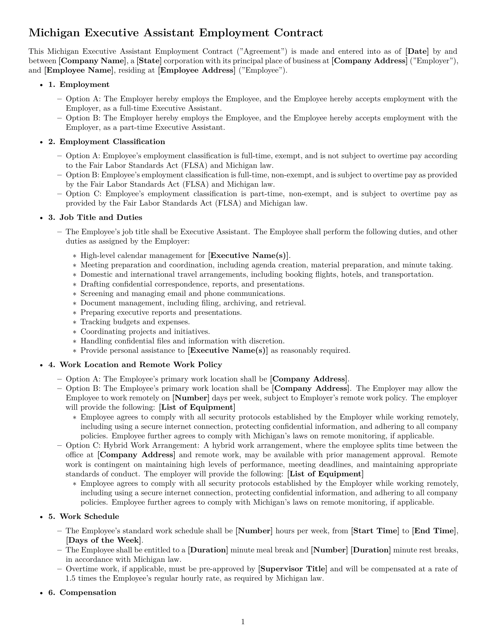 Preview page 1 of Free Michigan executive assistant employment contract template