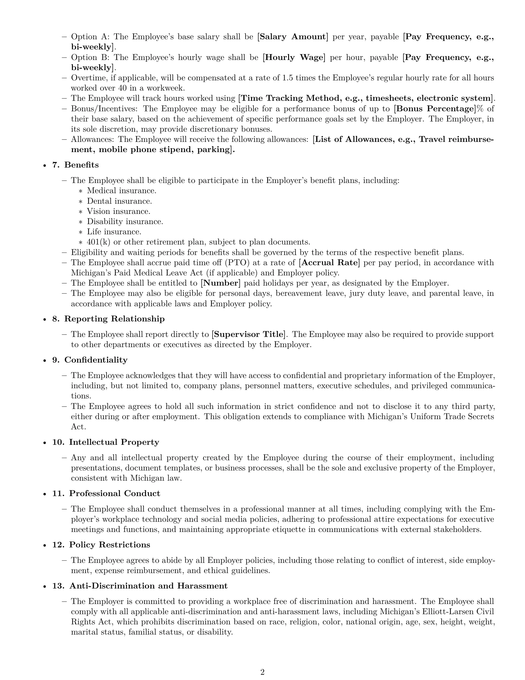 Preview page 2 of Free Michigan executive assistant employment contract template