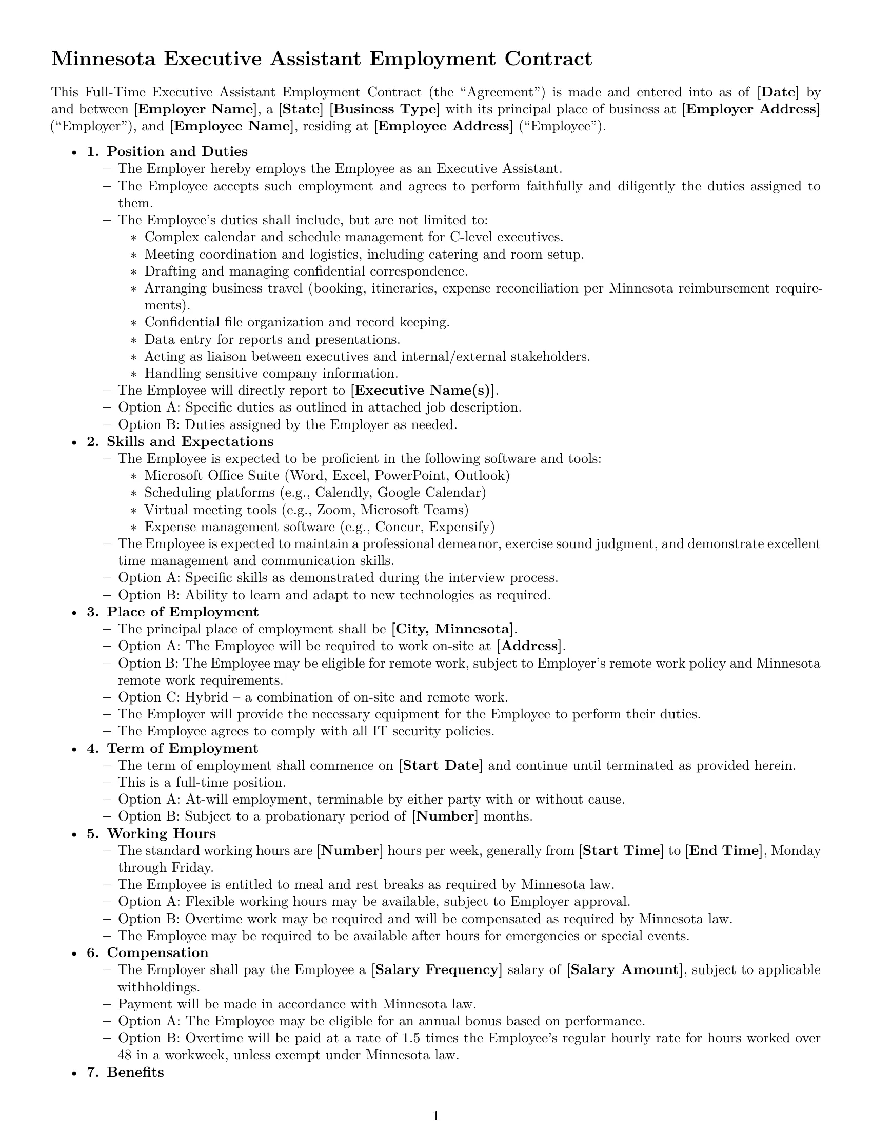 Preview page 1 of Free Minnesota executive assistant employment contract template